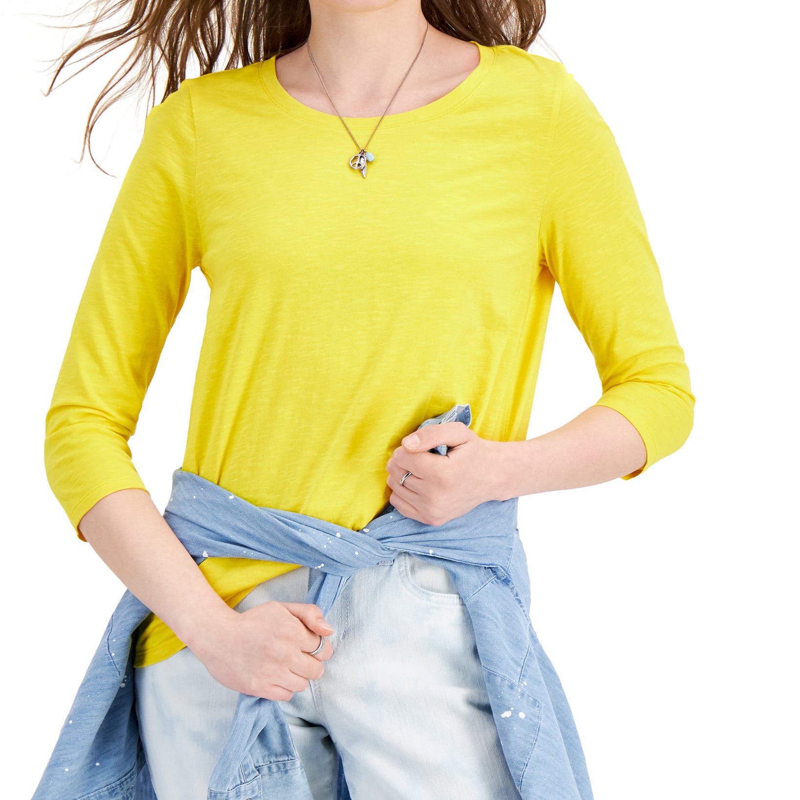 Style & Co Women Solid 3 4 Sleeve Cotton Top Daisy Daze