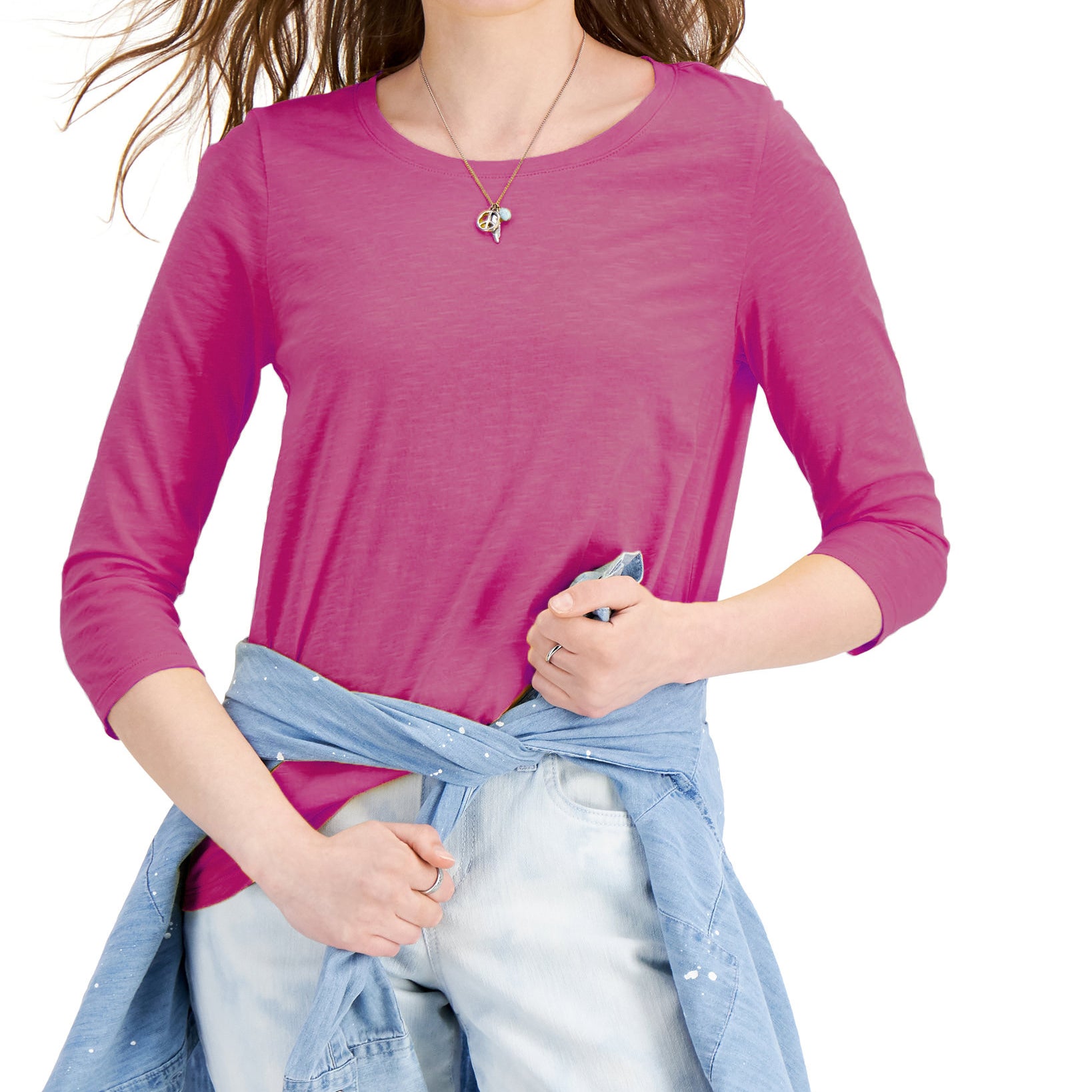 Style & Co Women Solid 3 4 Sleeve Cotton Top Fuchsia Purple