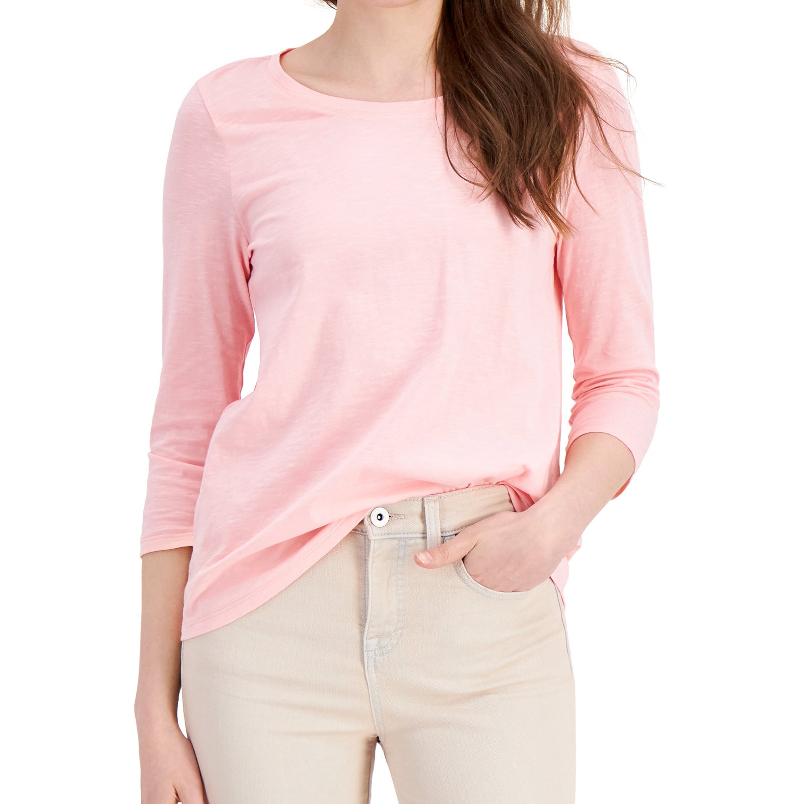 Style & Co Women Solid 3 4 Sleeve Cotton Top Pink Icing