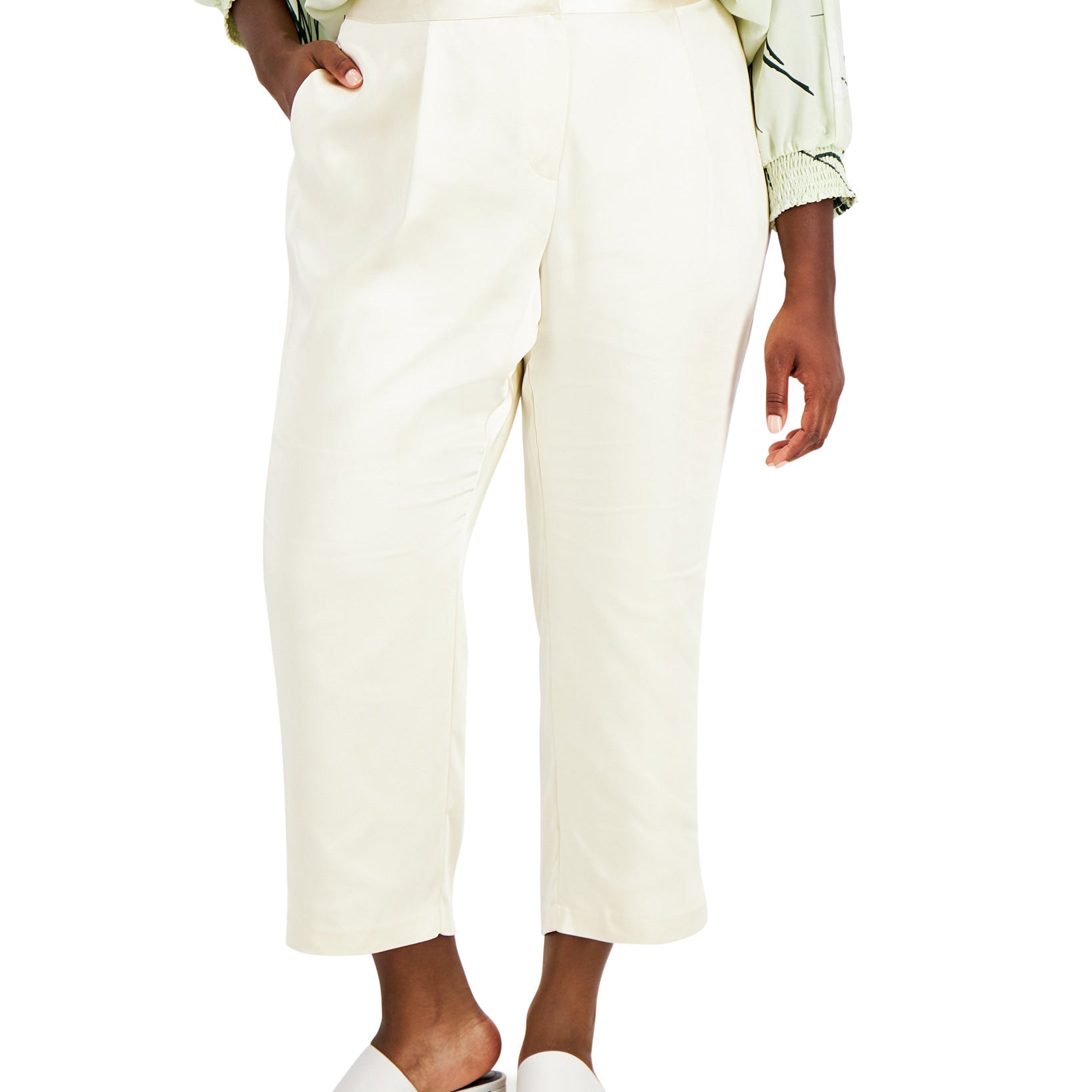 Alfani Women Plus Plus Size Cropped Satin Trim Pants Antique White