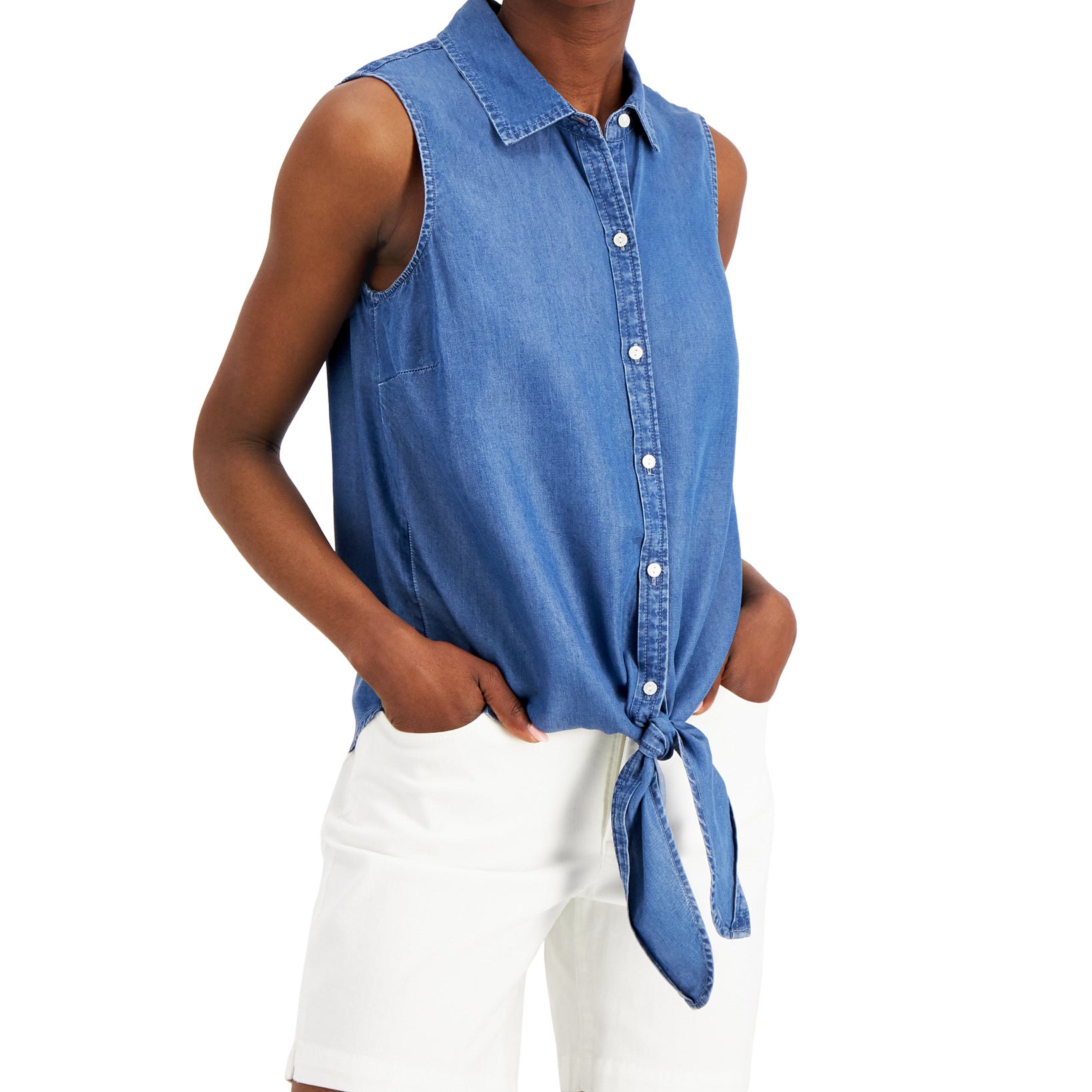 Charter Club Women Cotton Tie Hem Sleeveless Shirt Sea Spray Wash