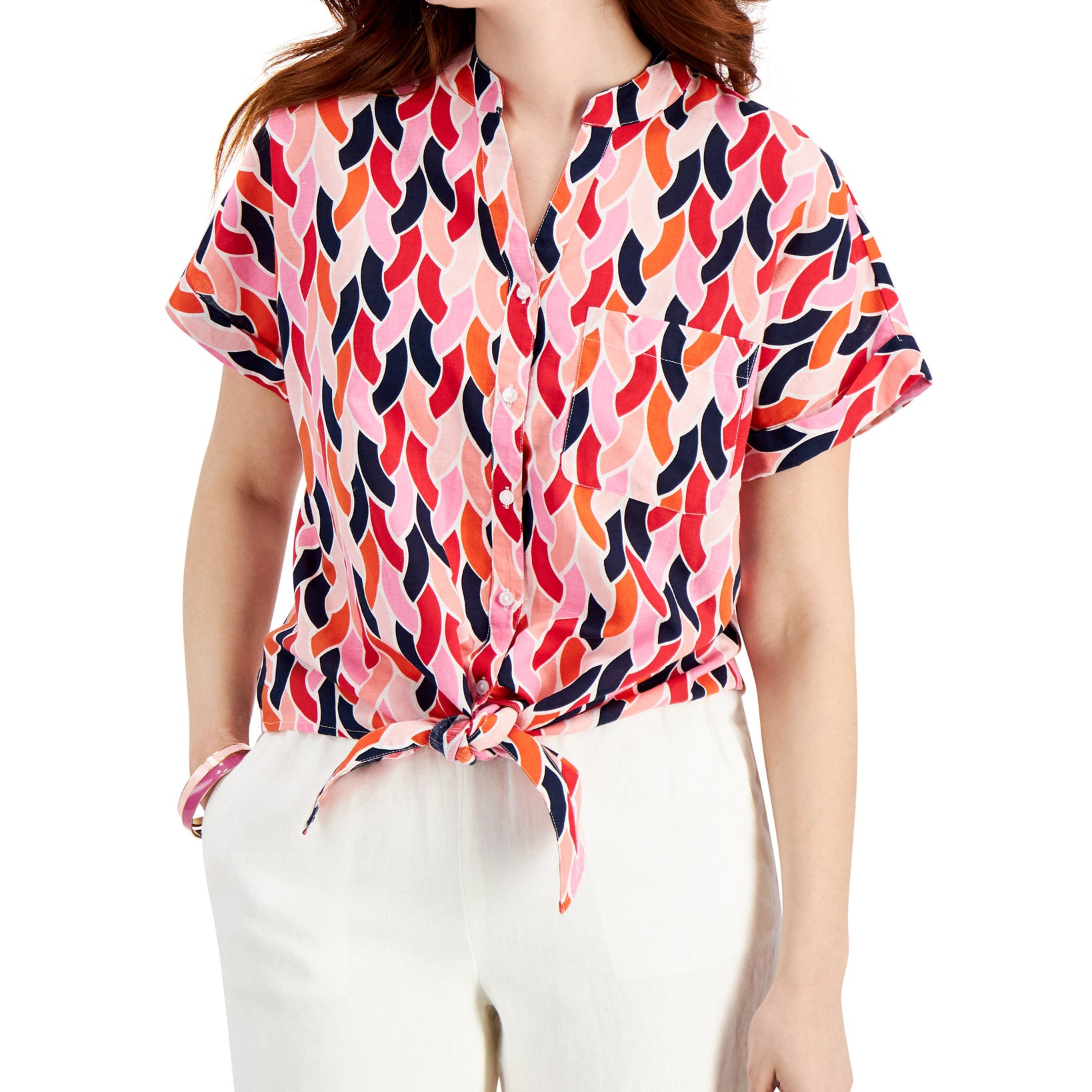 Charter Club Women Printed Tie Waist Top Bright White Combo