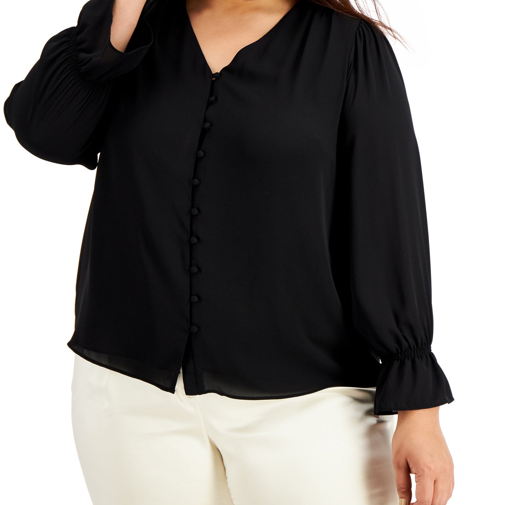 Alfani Women Plus Solid Button Down Top Deep Black
