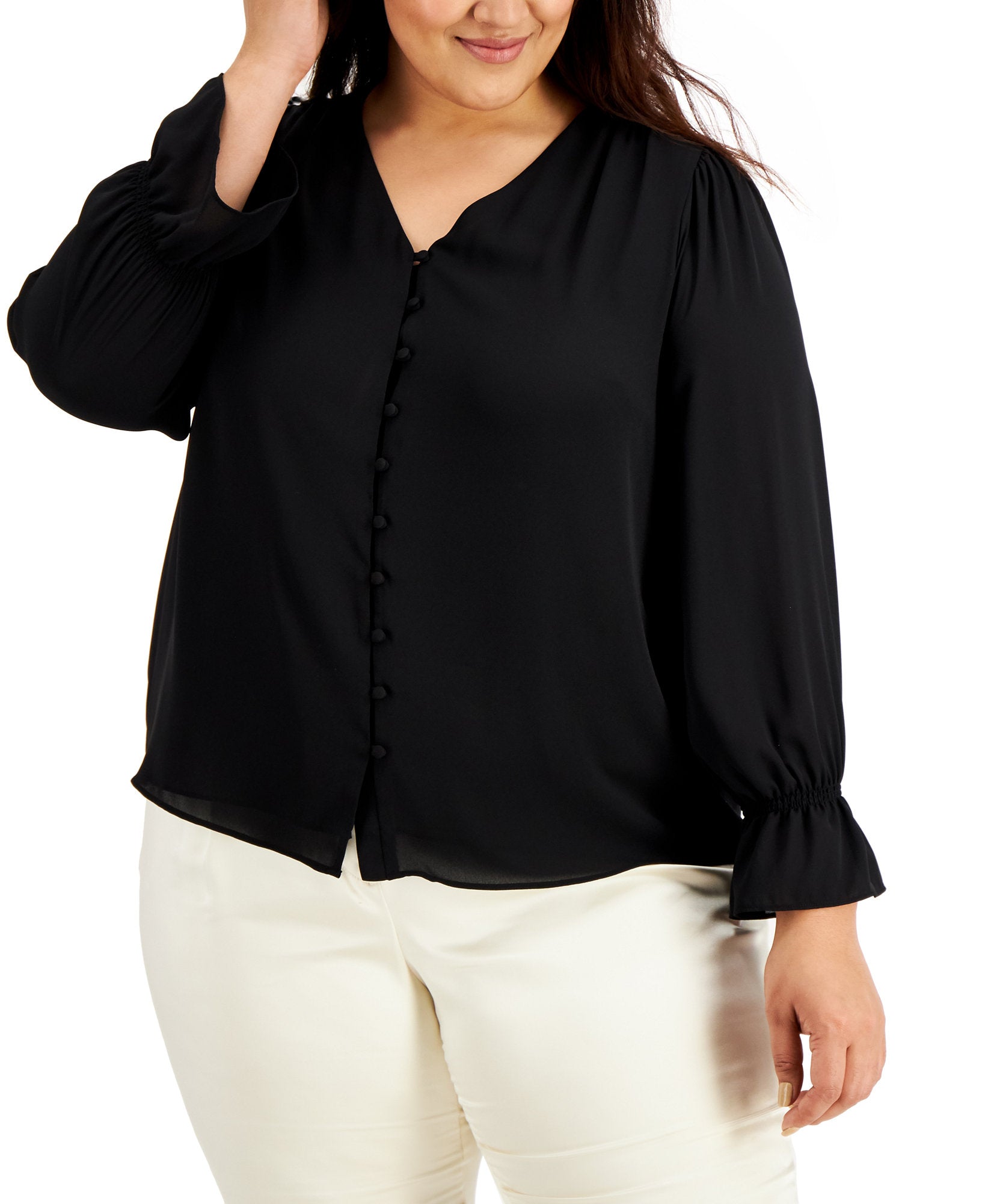 Alfani Women Plus Solid Button Down Top Deep Black