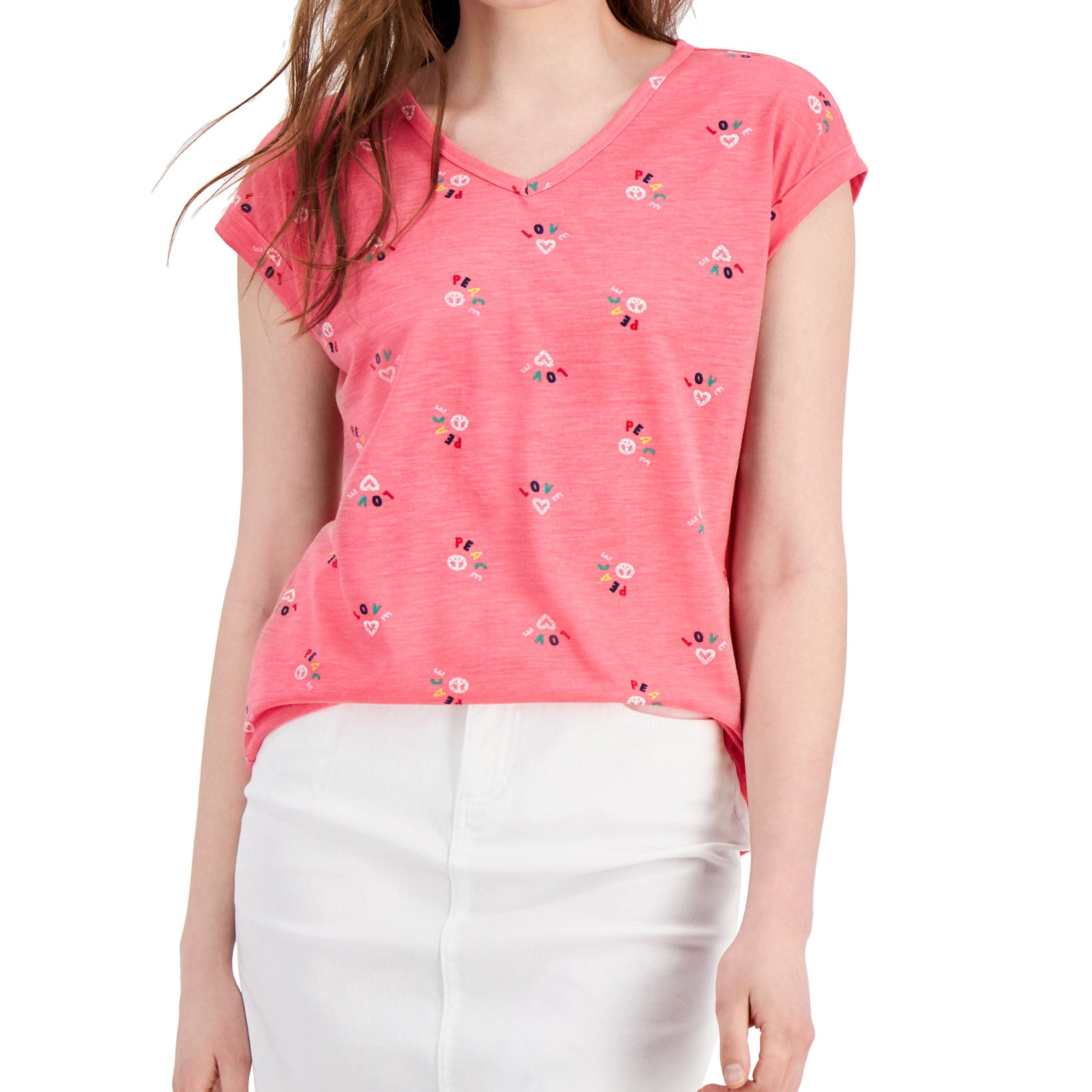 Style & Co Women Printed Crewneck Top Peace Icon Rose
