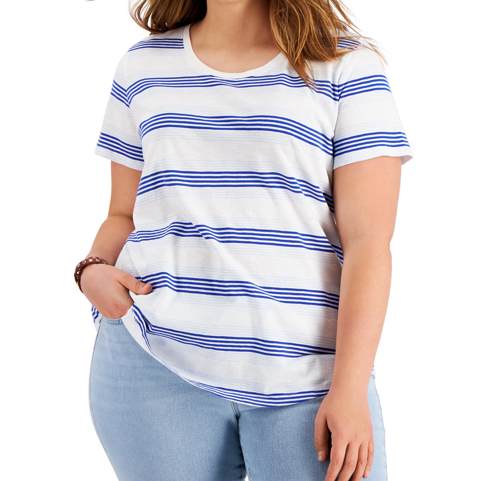 Style & Co Women Plus Cotton Striped T Shirt String Stripe
