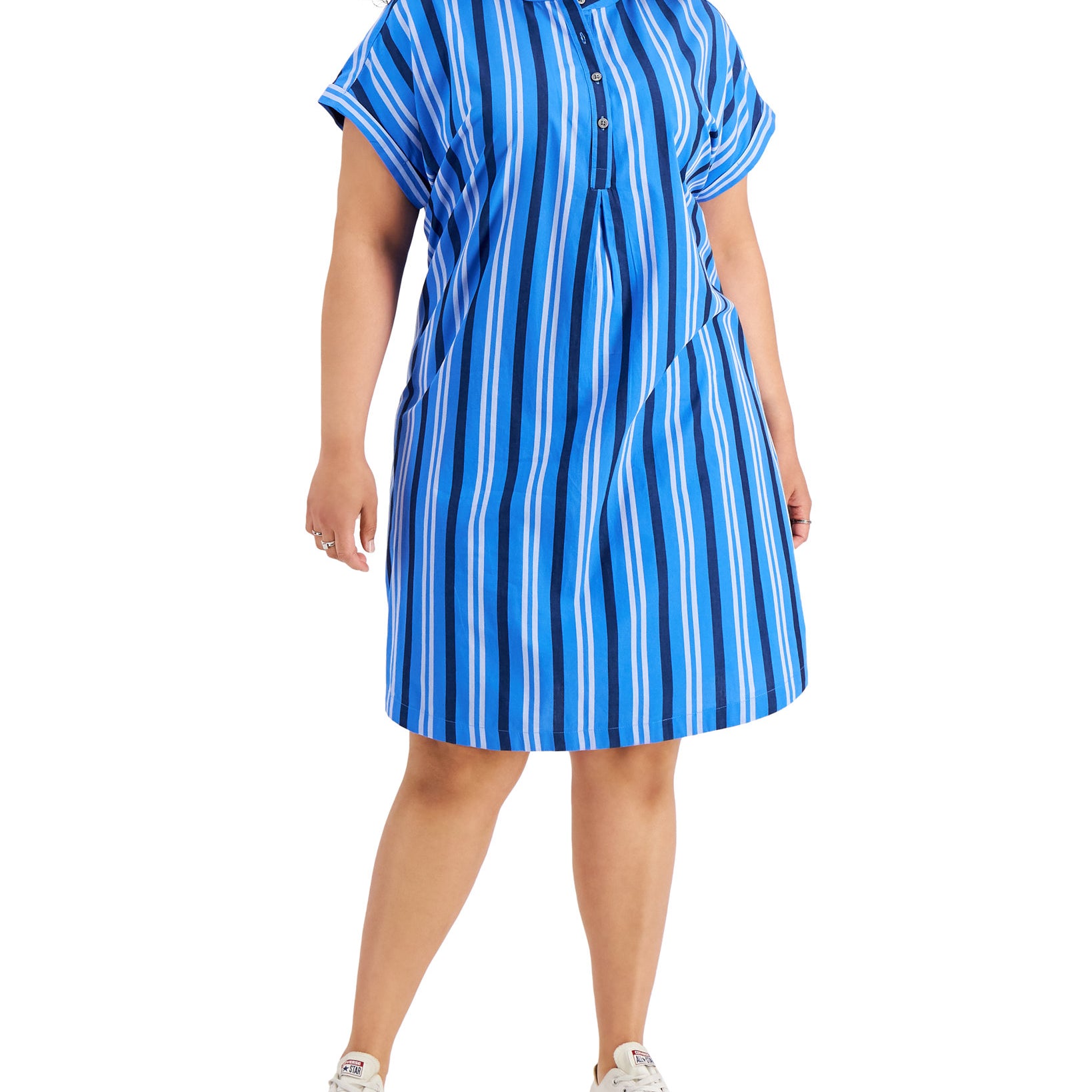 Style & Co Women Plus Cotton Striped Camp Shirtdress Lady Stripe Sonic
