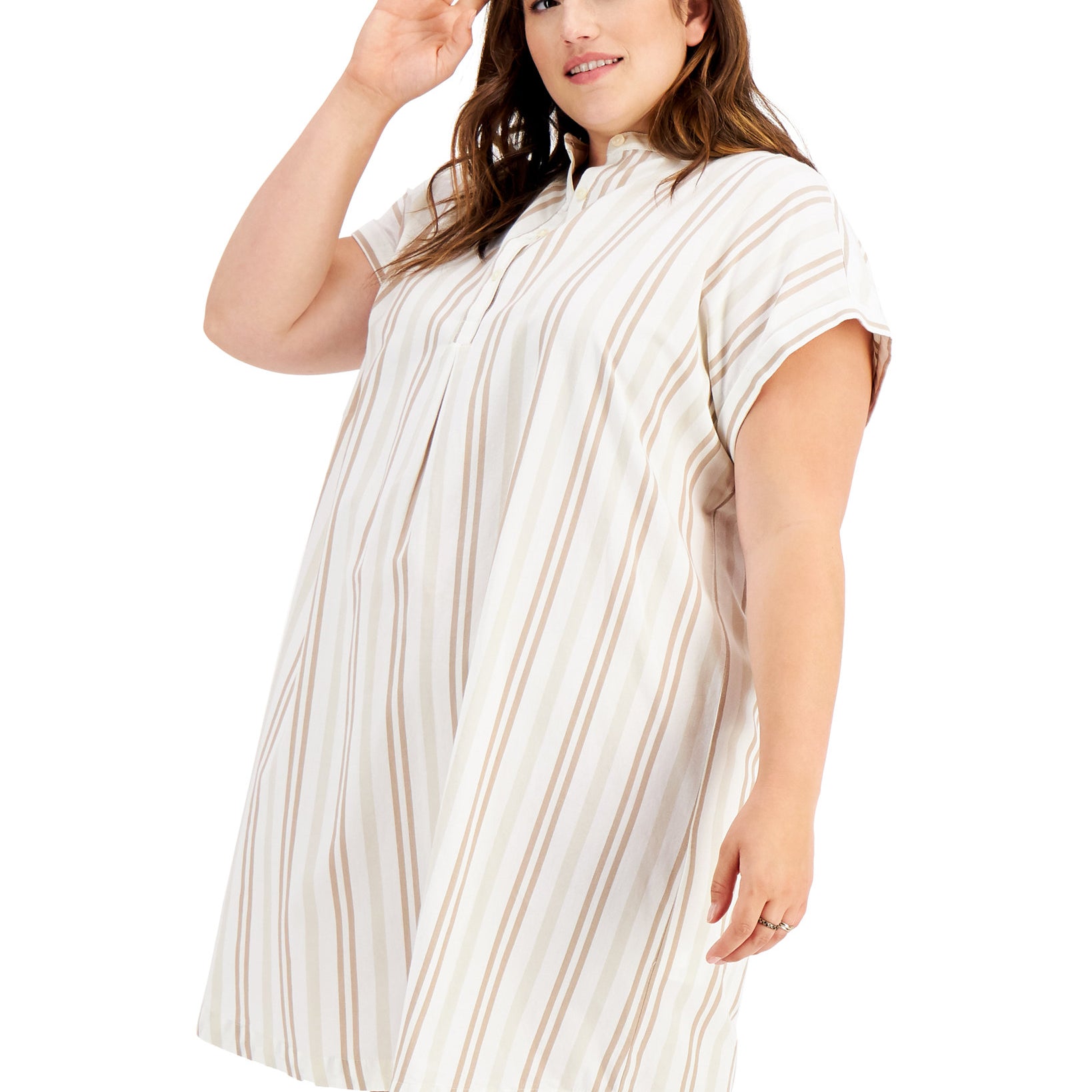 Style & Co Women Plus Cotton Striped Camp Shirtdress Lady Stripe Neutral