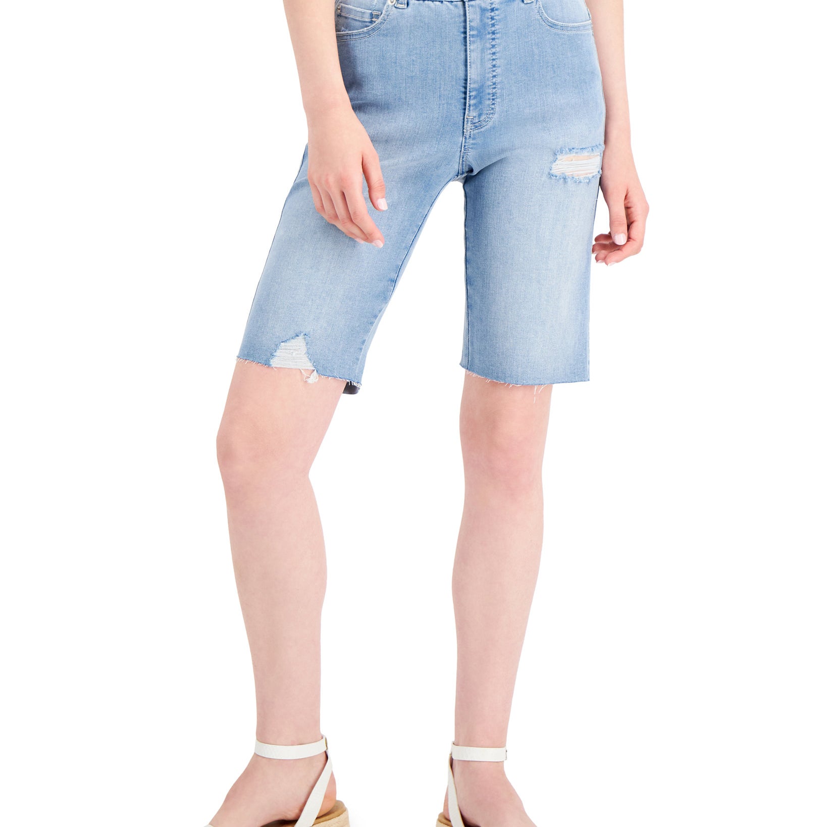INC International Concepts Women High Rise Sculpting Fit Bermuda Jean Shorts Light Indigo