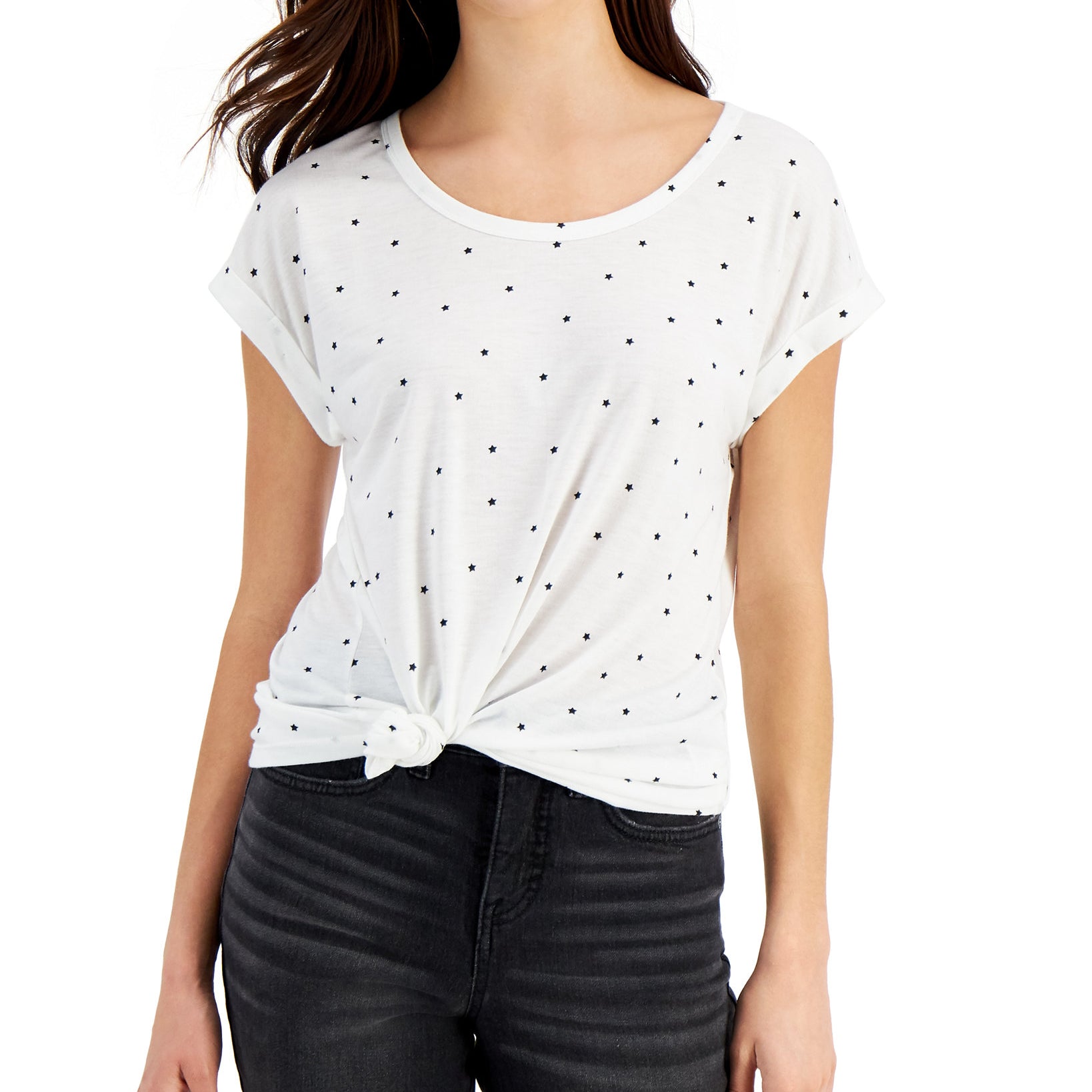 Style & Co Women Star Print Graphic Tee Star Dot White