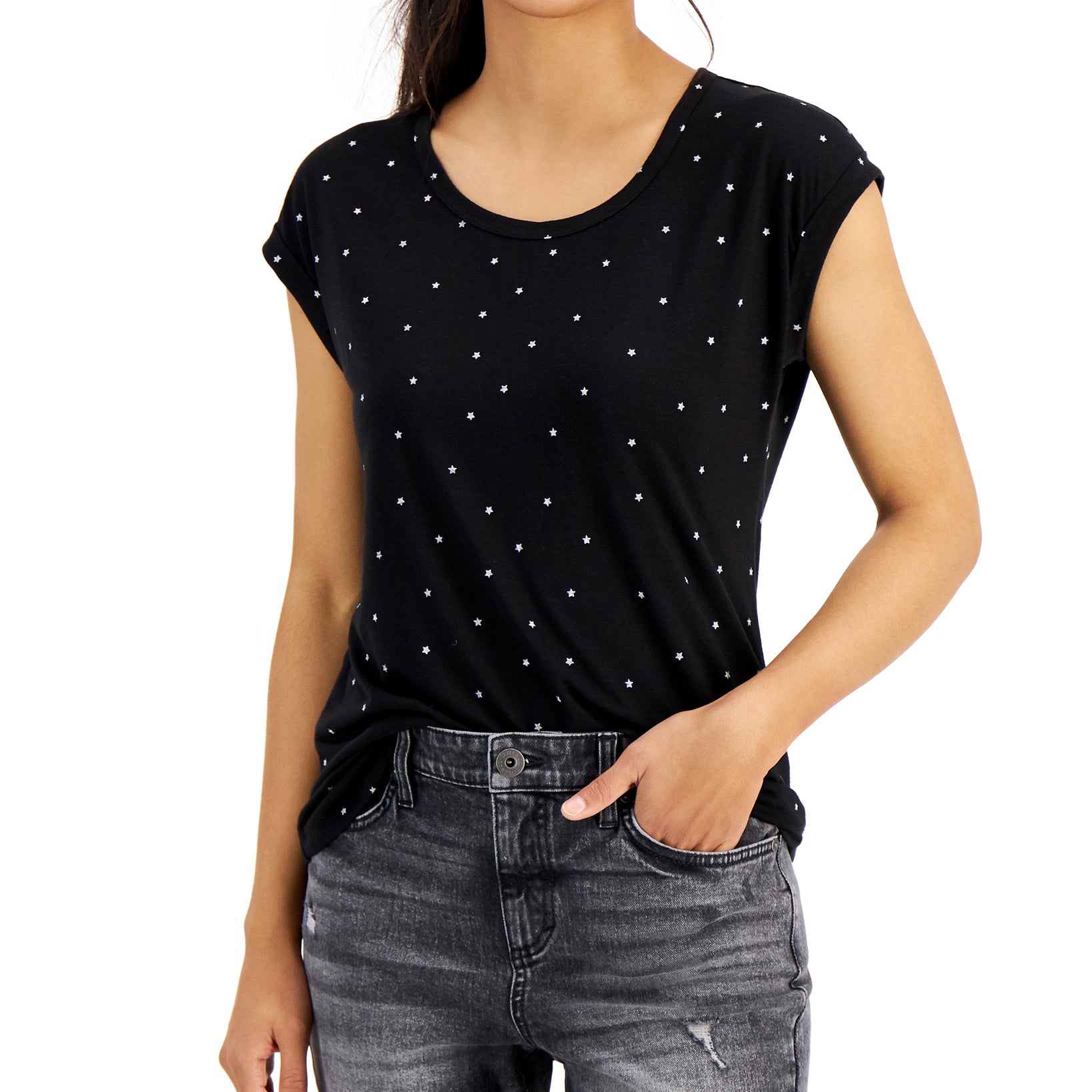 Style & Co Women Star Print Graphic Tee Star Dot Black