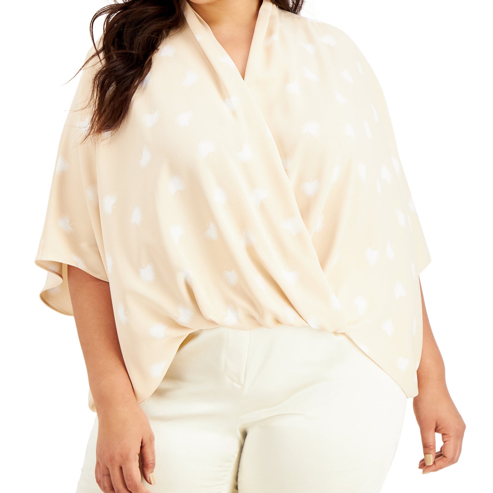 Alfani Women Plus Printed Surplice Top Neutral Leafy Toss