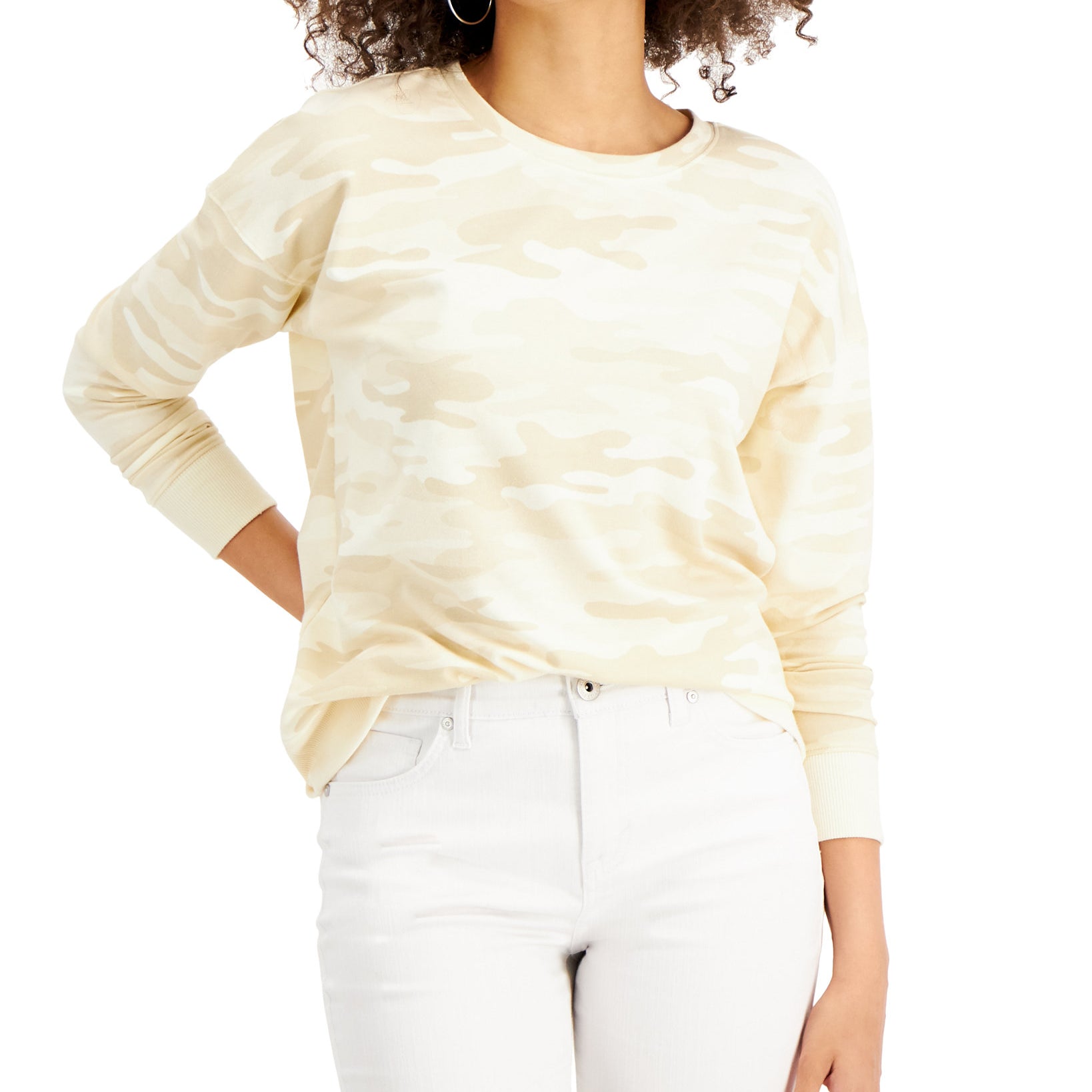 Style & Co Women Printed Crewneck Sweatshirt Camo Neutrals
