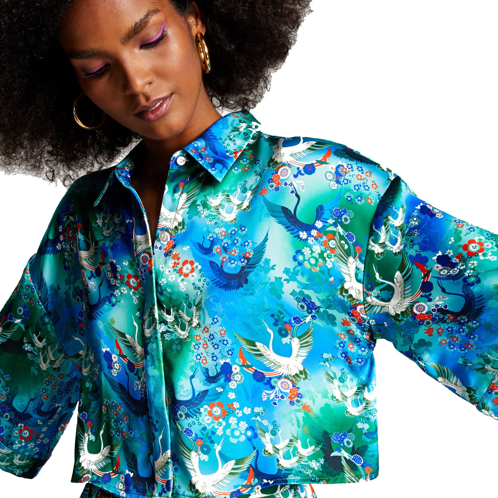 INC International Concepts Women Misa Hylton for Printed Boxy Cropped Shirt Fari Sky