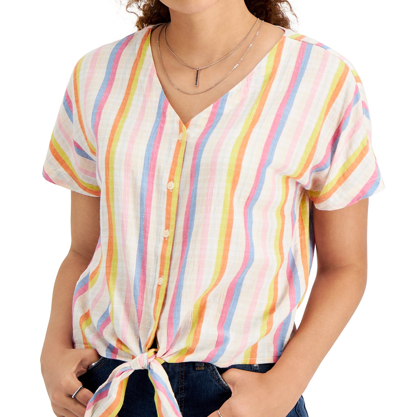 Style & Co Women Striped Tie Front Gauze Top Bright White