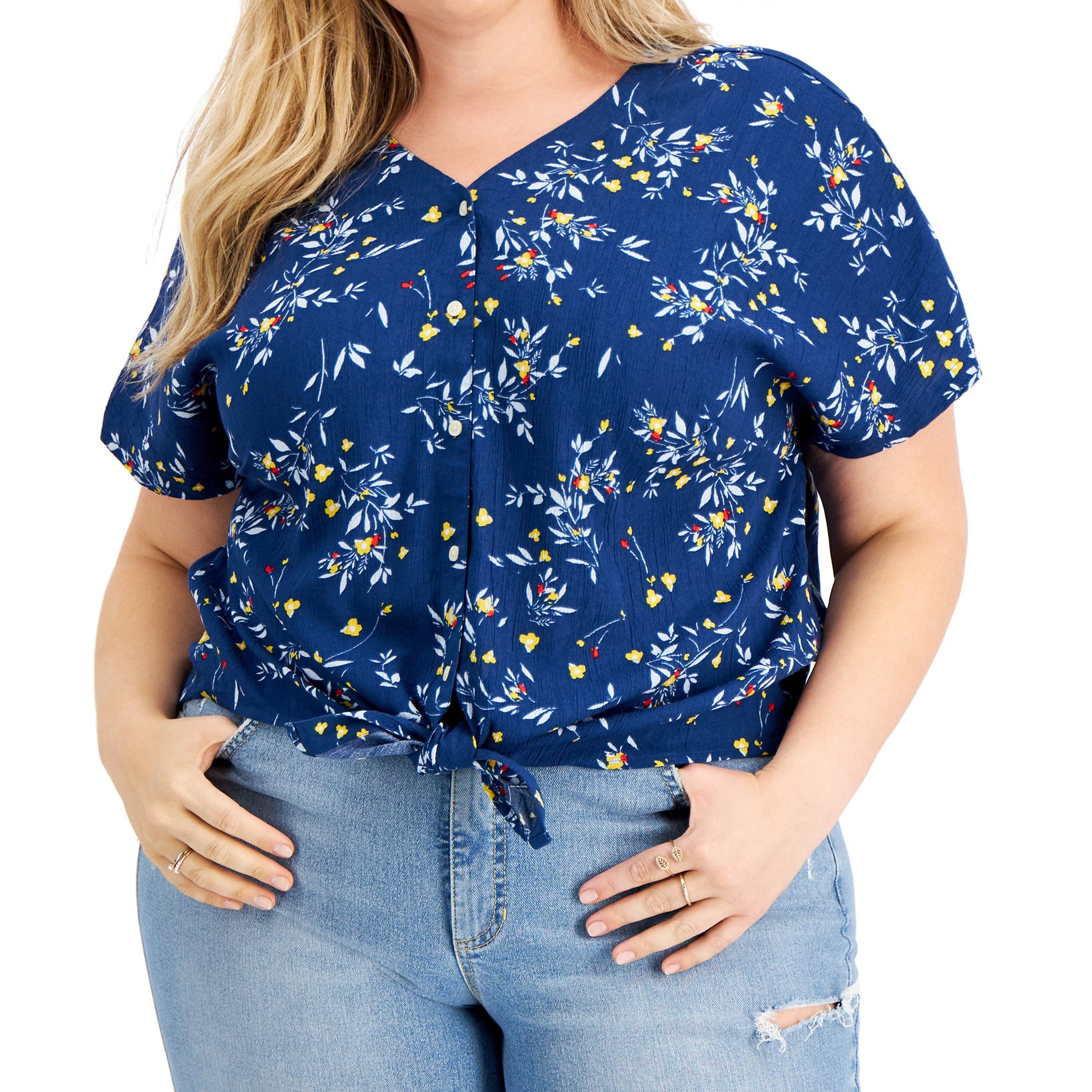 Style & Co Women Plus Floral Tie Front Top Navy Peony