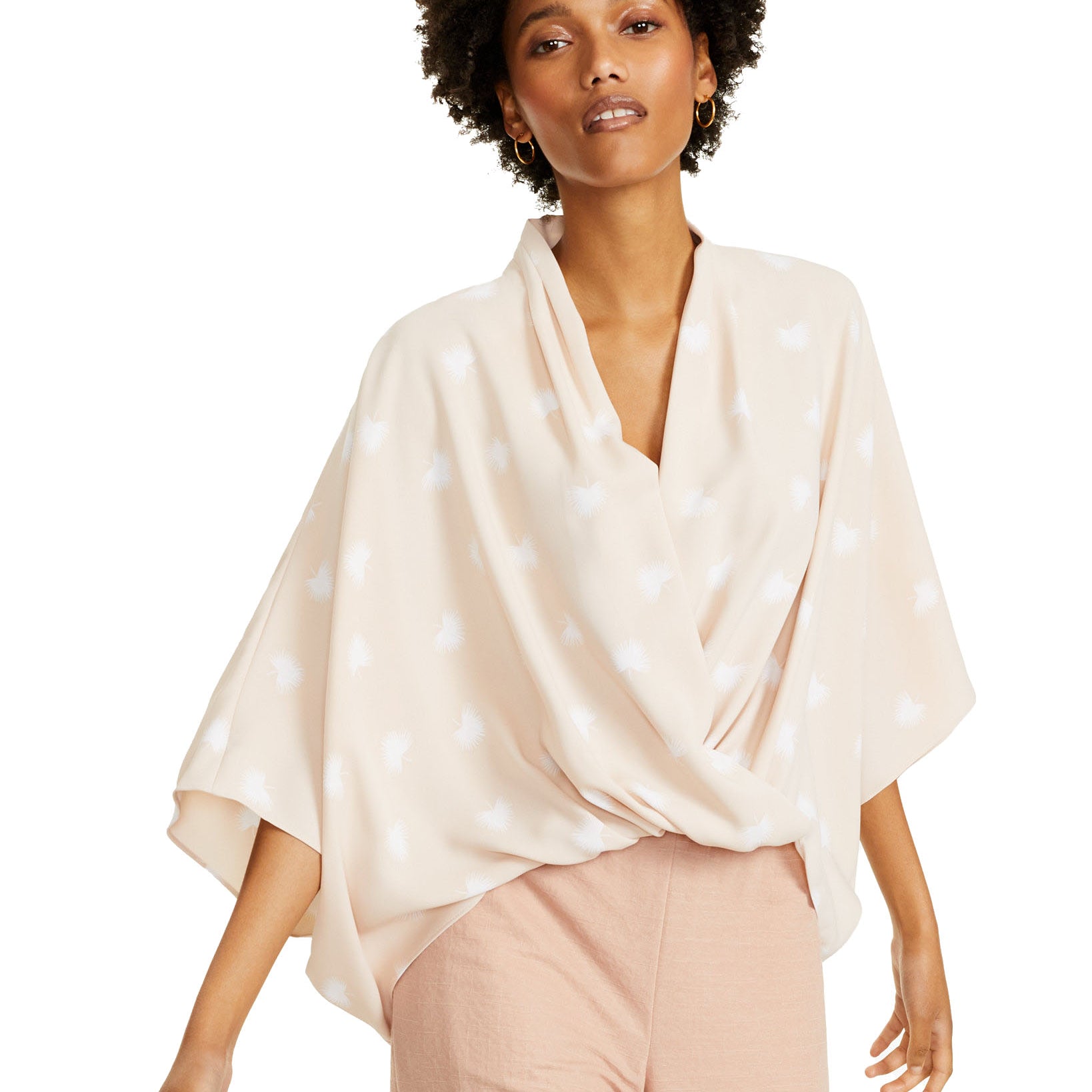 Alfani Women Printed Wide Sleeve Surplice Top Leafy Toss