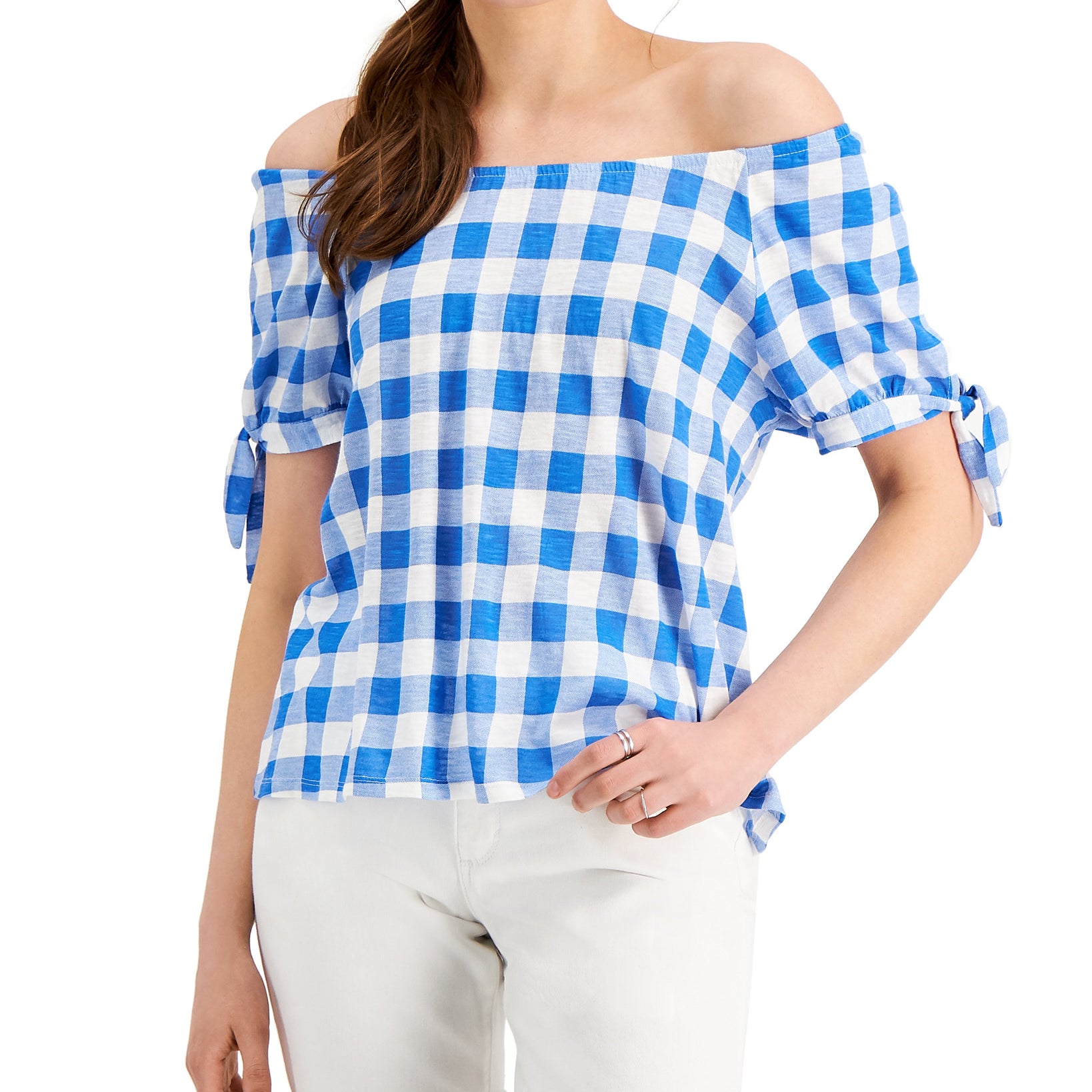Style & Co Women Off the Shoulder Gingham Top Gingham Sonic