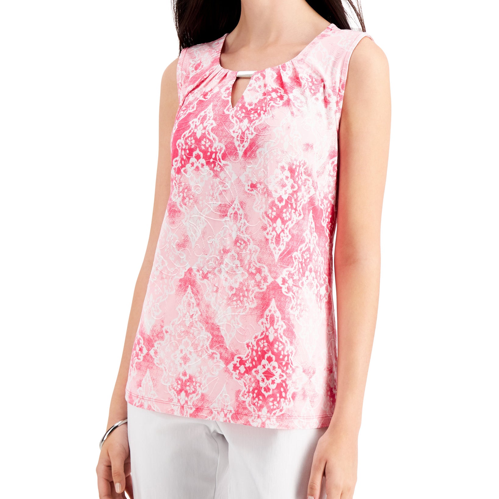 JM Collection Women Printed Jacquard Keyhole Neck Top Berry Sorbet Combo