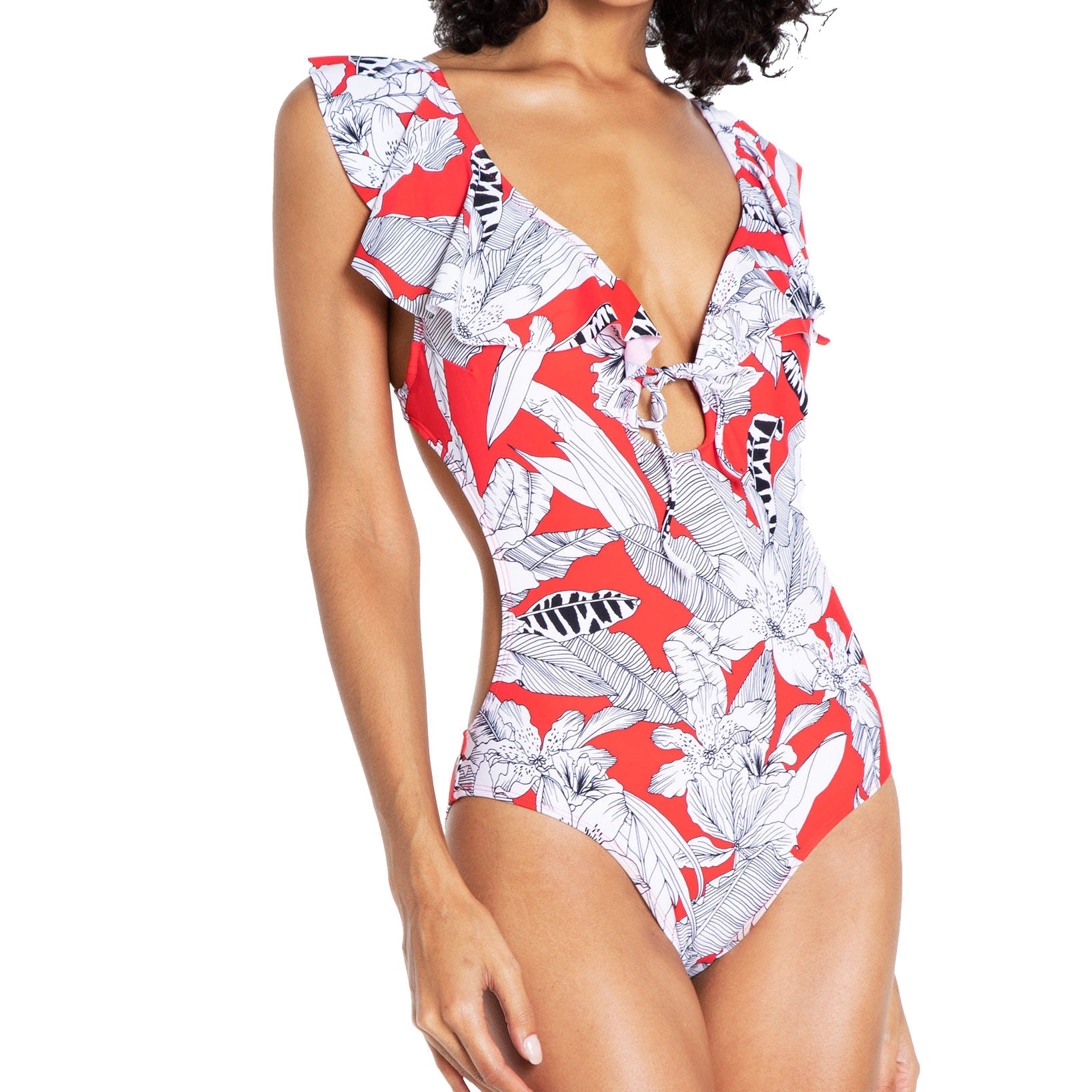 RACHEL Rachel Roy Women Island Getaway Tie Front Ruffle One Piece Swimsuit Red