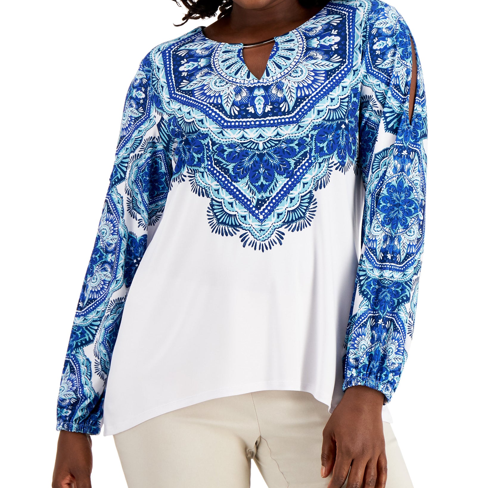 JM Collection Women Adorned Printed Top Bright White Combo