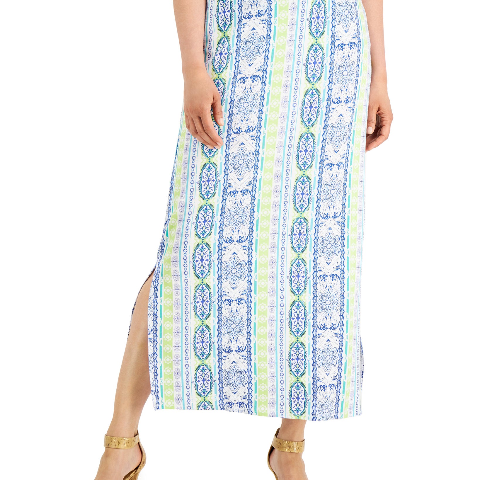 JM Collection Women Printed Knit Maxi Skirt Parrow Green Combo