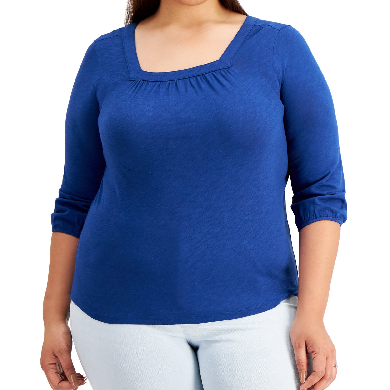 Style & Co Women Plus 3 4 Sleeve Square Neck Top Navy Peony