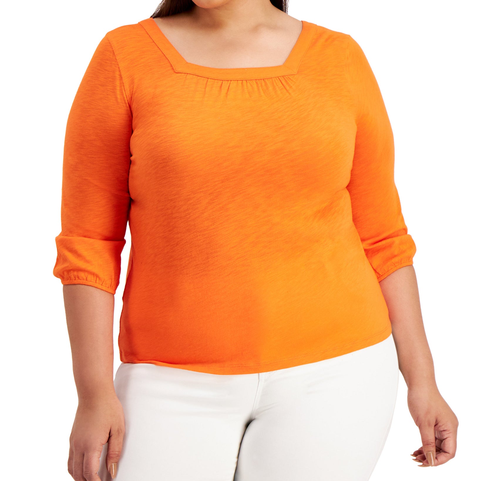 Style & Co Women Plus 3 4 Sleeve Square Neck Top Wild Orange