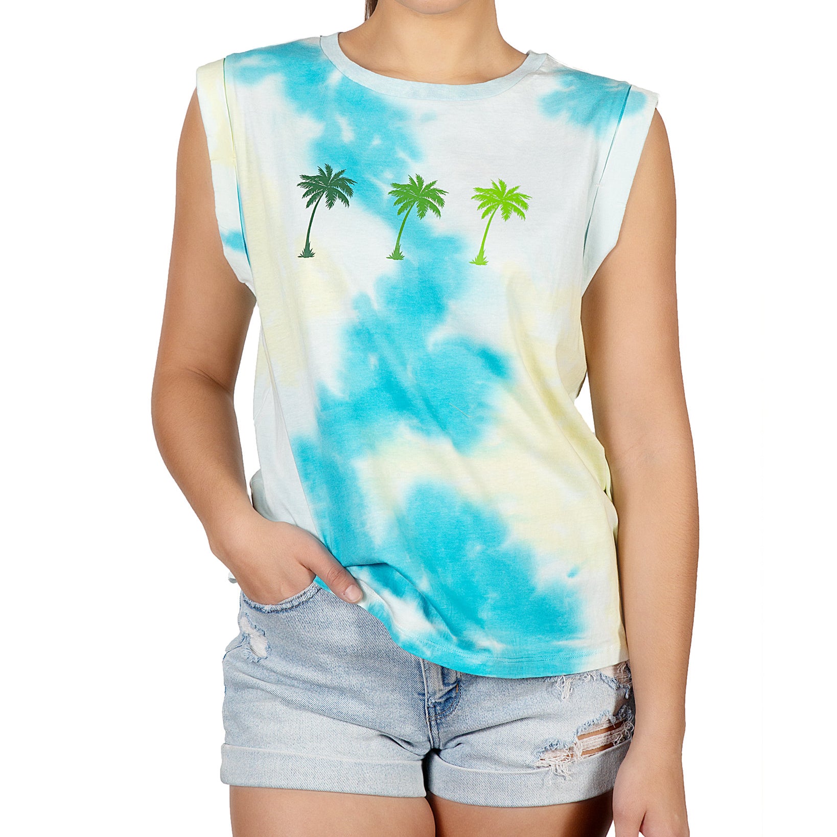 Rebellious One Women Rolled Sleeve Graphic Tie Dyed T Shirt Banana Teal