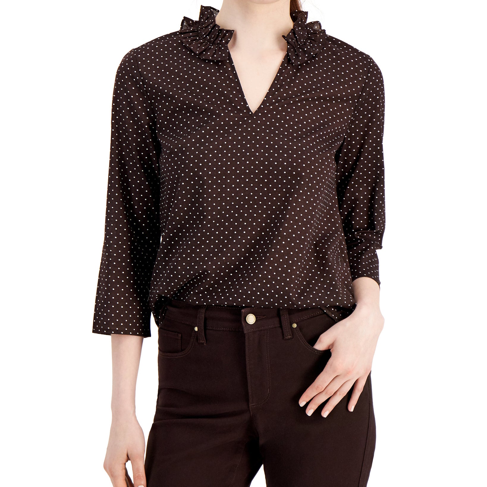 Charter Club Women Split Neck Printed Top Dark Chocolate Combo