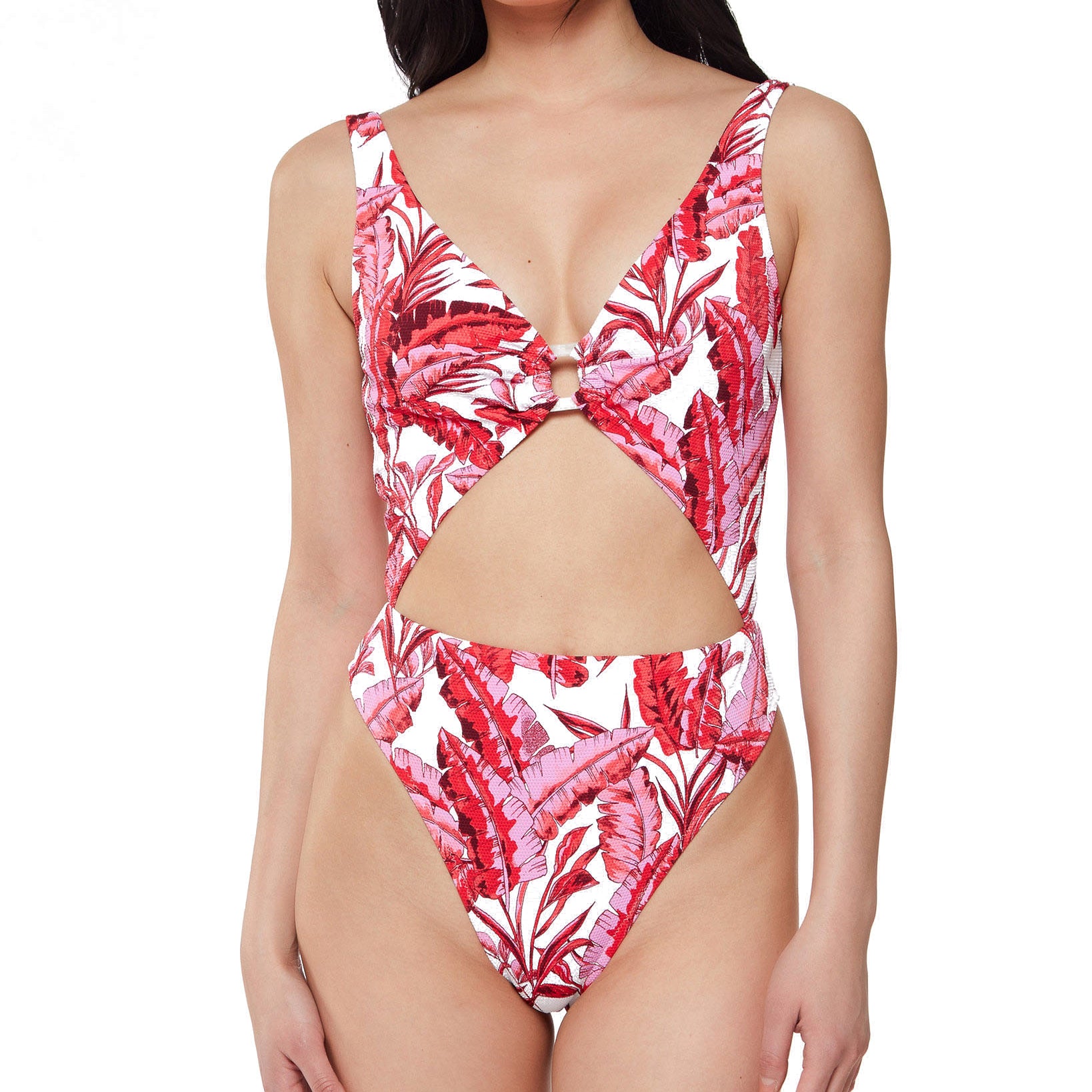 Jessica Simpson Women Printed Paradiso Palm O Ring Cut Out One Piece Swimsuit Fuchsia Multi