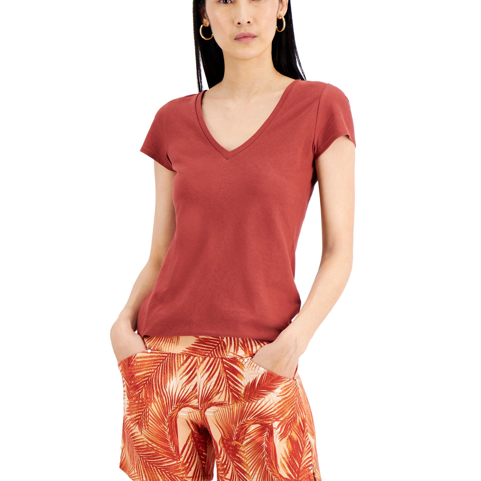 INC International Concepts Women V Neck T Shirt Henna
