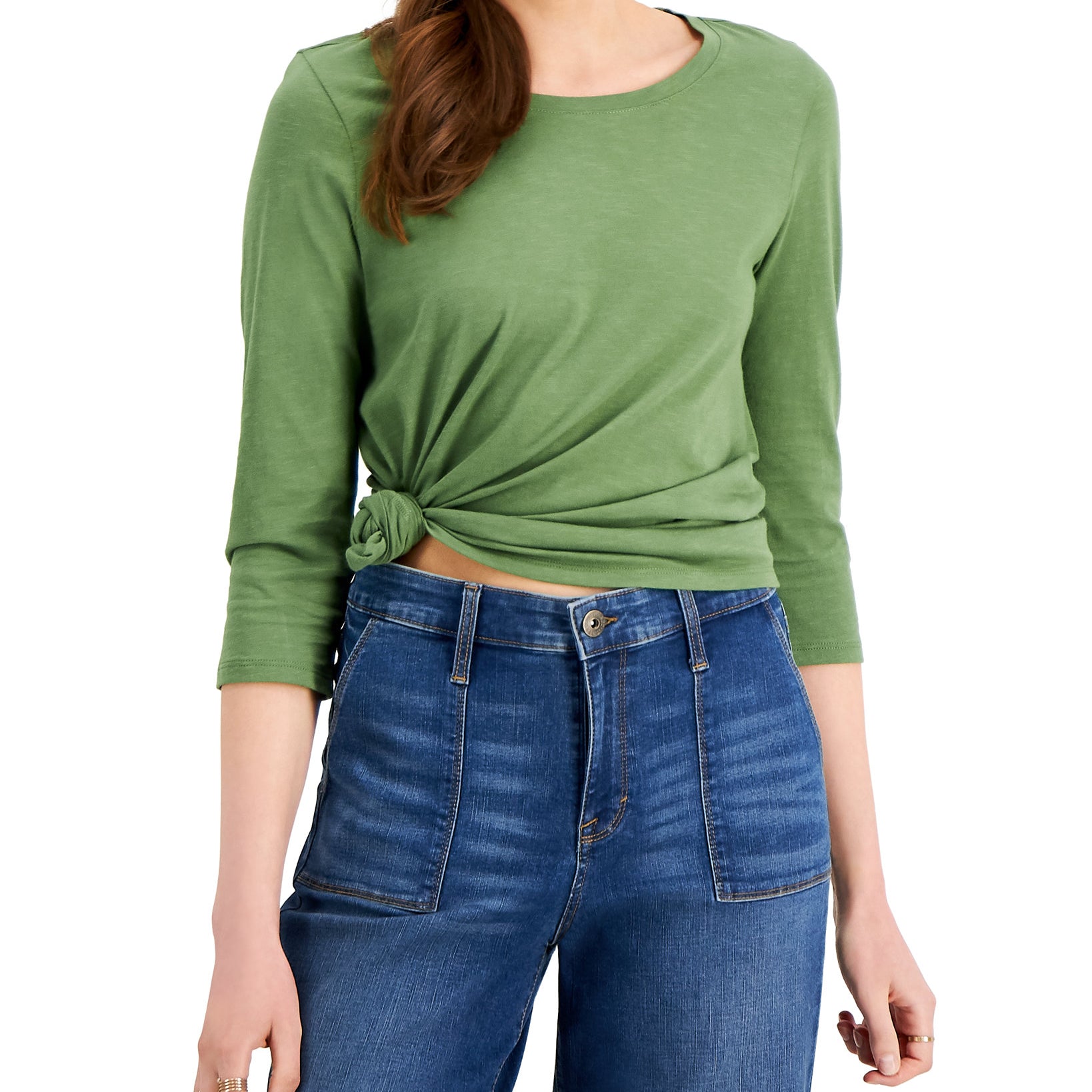 Style & Co Women Solid 3 4 Sleeve Cotton Top Vine Green
