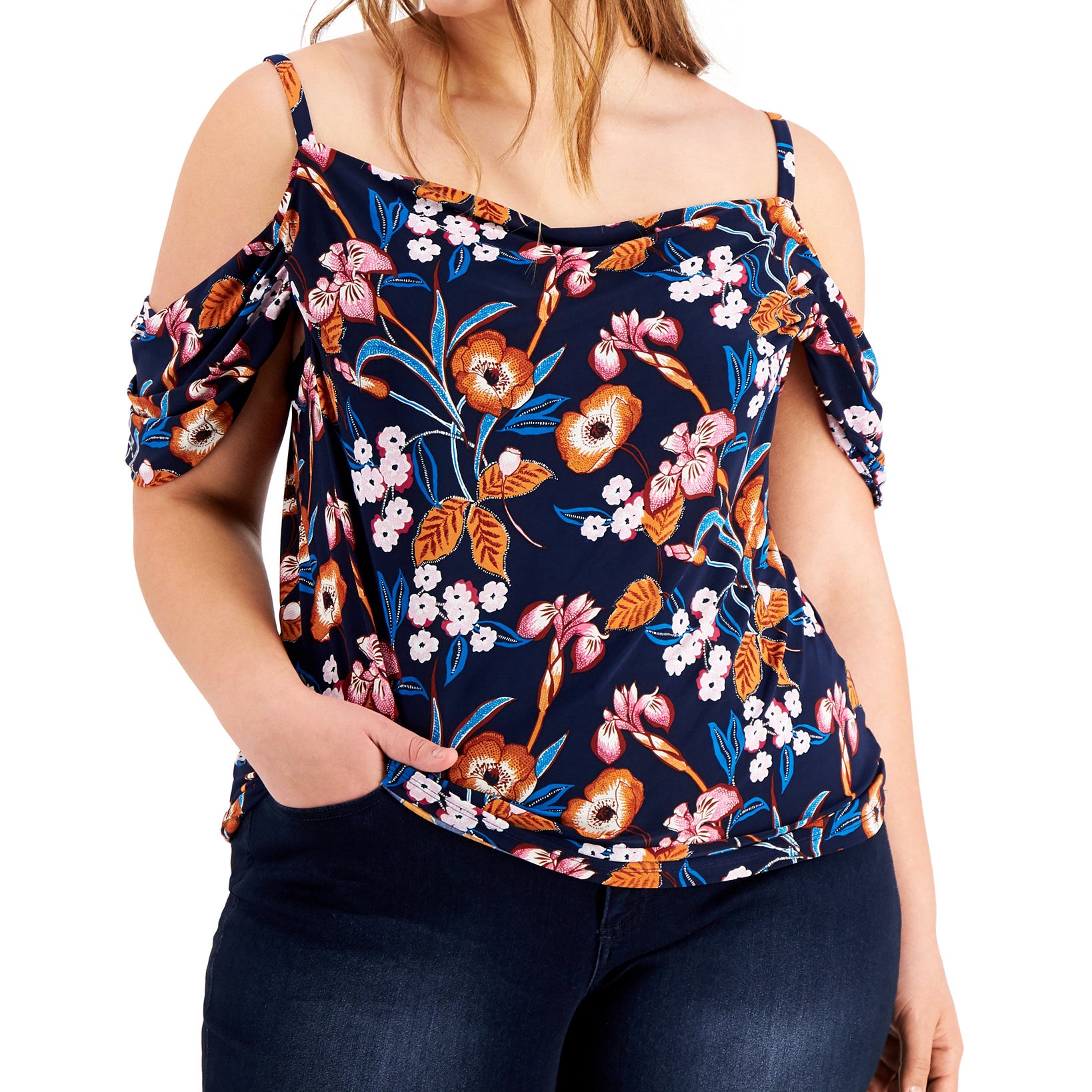 INC International Concepts Women Plus Cold Shoulder Drape Sleeve Top Imani Fleur