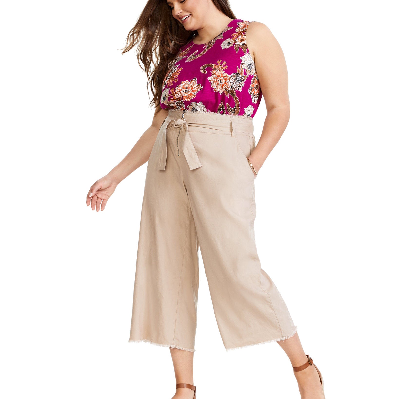 INC International Concepts Women Plus Belted Frayed Hem Culottes Toasted Twine