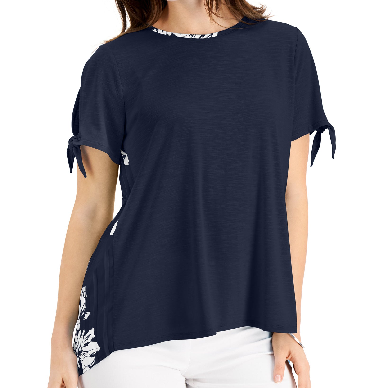 JM Collection Women Mixed Media Tied Sleeve Top Intrepid Combo