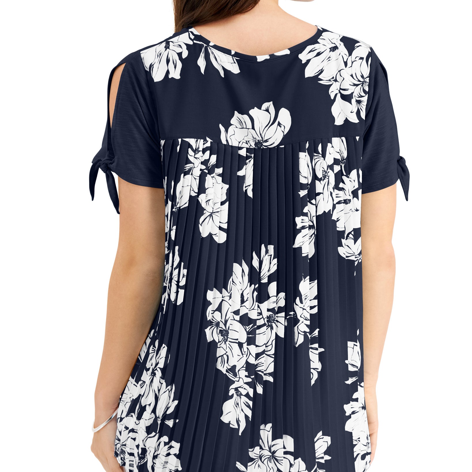 JM Collection Women Mixed Media Tied Sleeve Top
