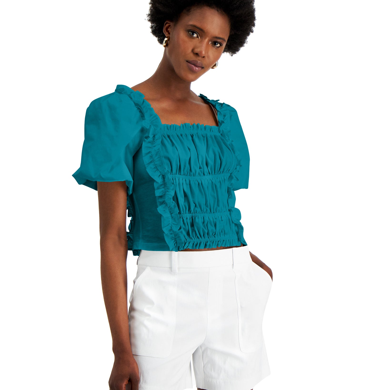 INC International Concepts Women Smocked Cotton Ruffle Top Aztec Teal