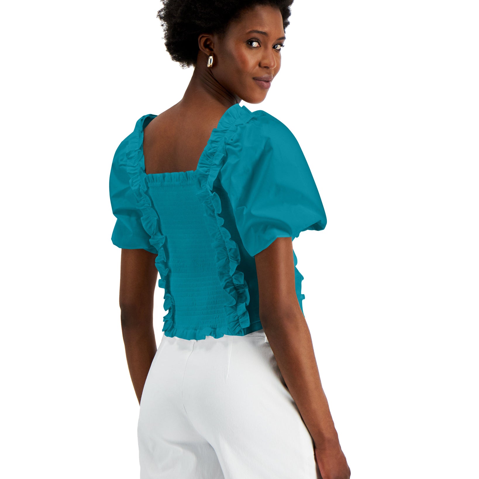 INC International Concepts Women Smocked Cotton Ruffle Top
