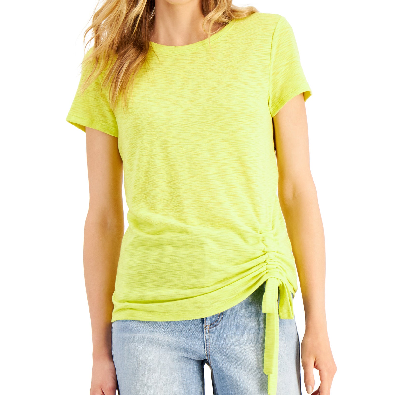 INC International Concepts Women Side Ruched T Shirt Lime Shock