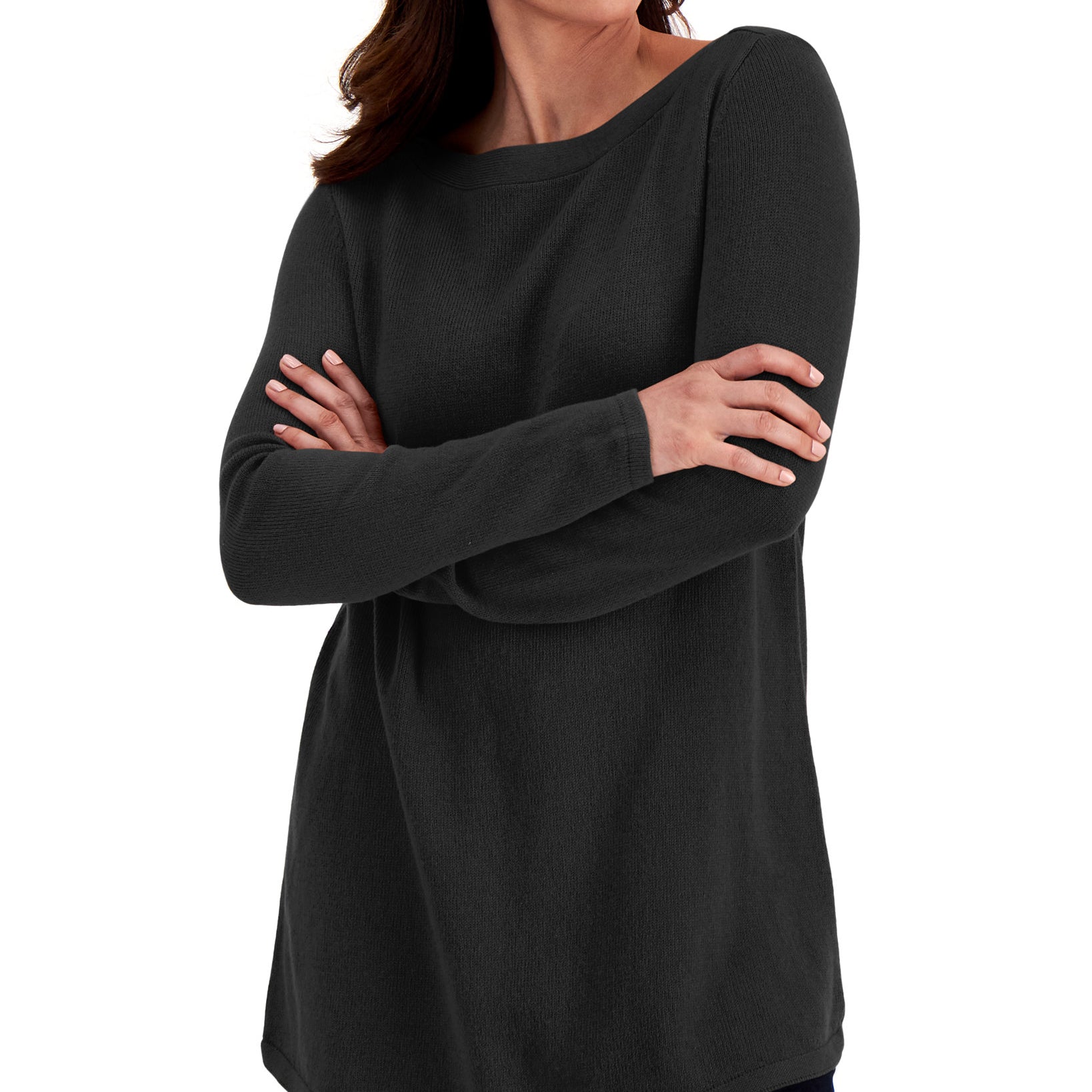 Karen Scott Women Solid Curved Hem Tunic Sweater Deep Black