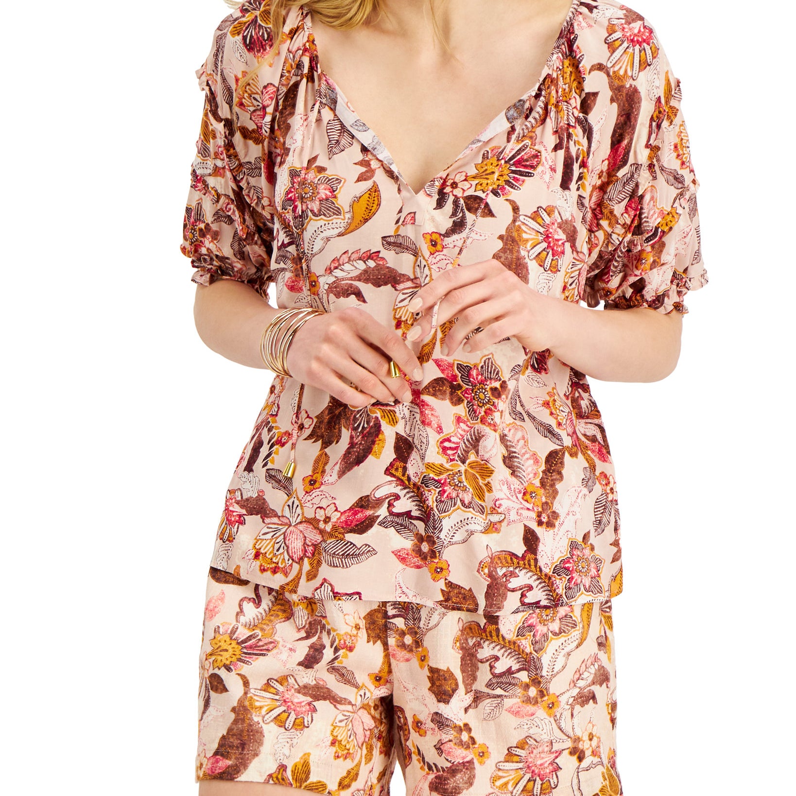INC International Concepts Women Printed Short Sleeve Blouse Safiya Blossom