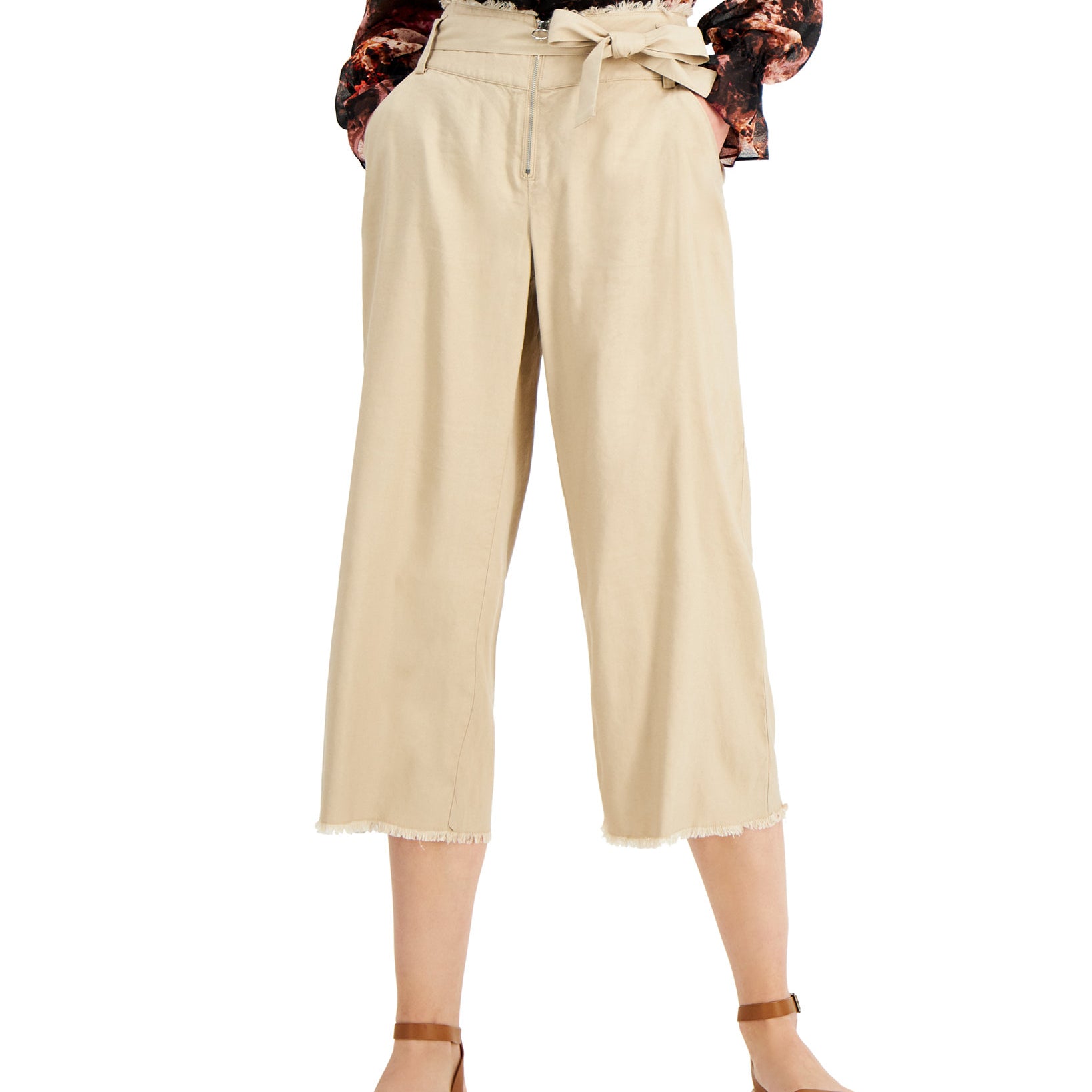 INC International Concepts Women Frayed Zip Front Culottes Toasted Twine