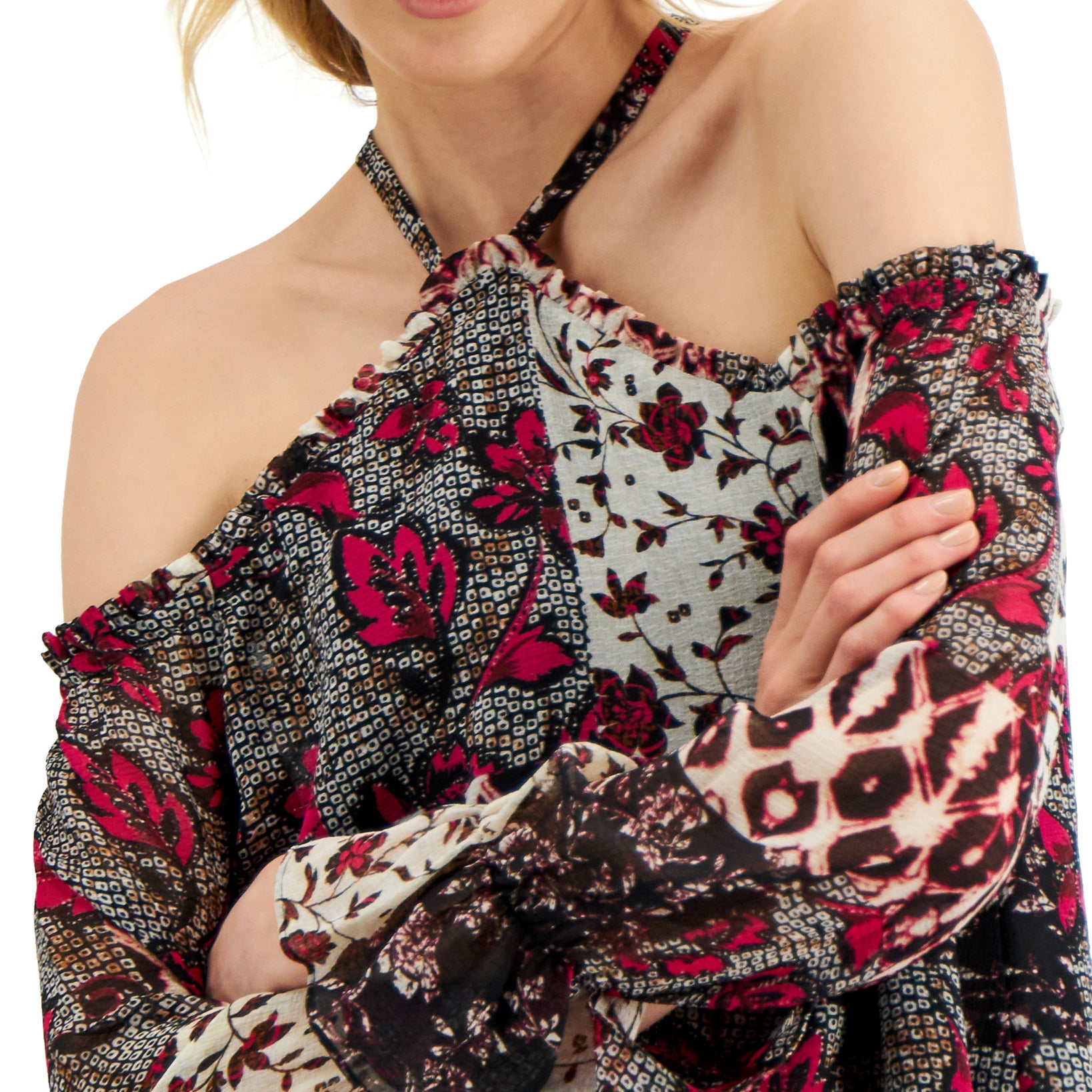 INC International Concepts Women Patchwork Print Cold Shoulder Top