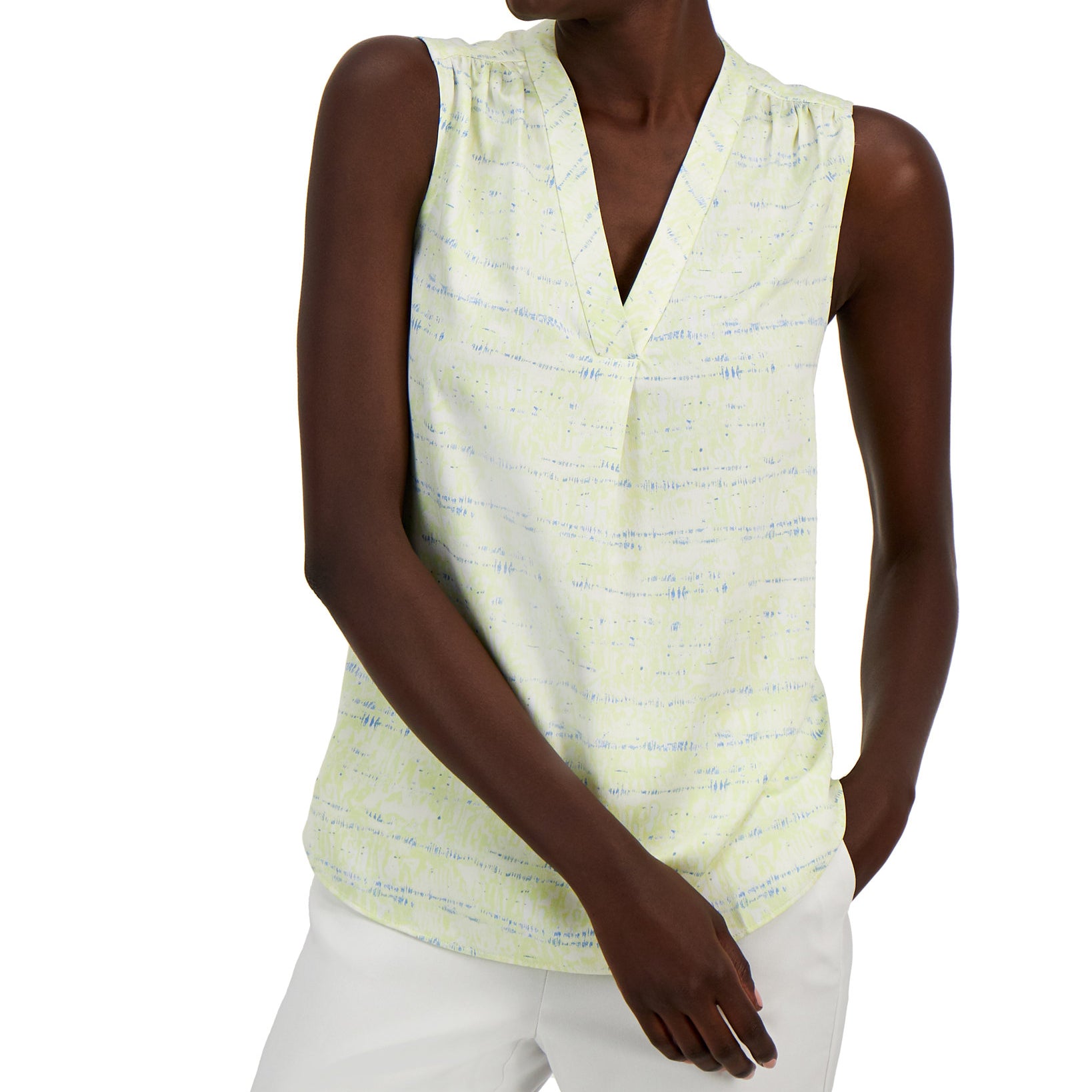 Alfani Women Printed Satin V Neck Tank Top Lime Delicate Dye