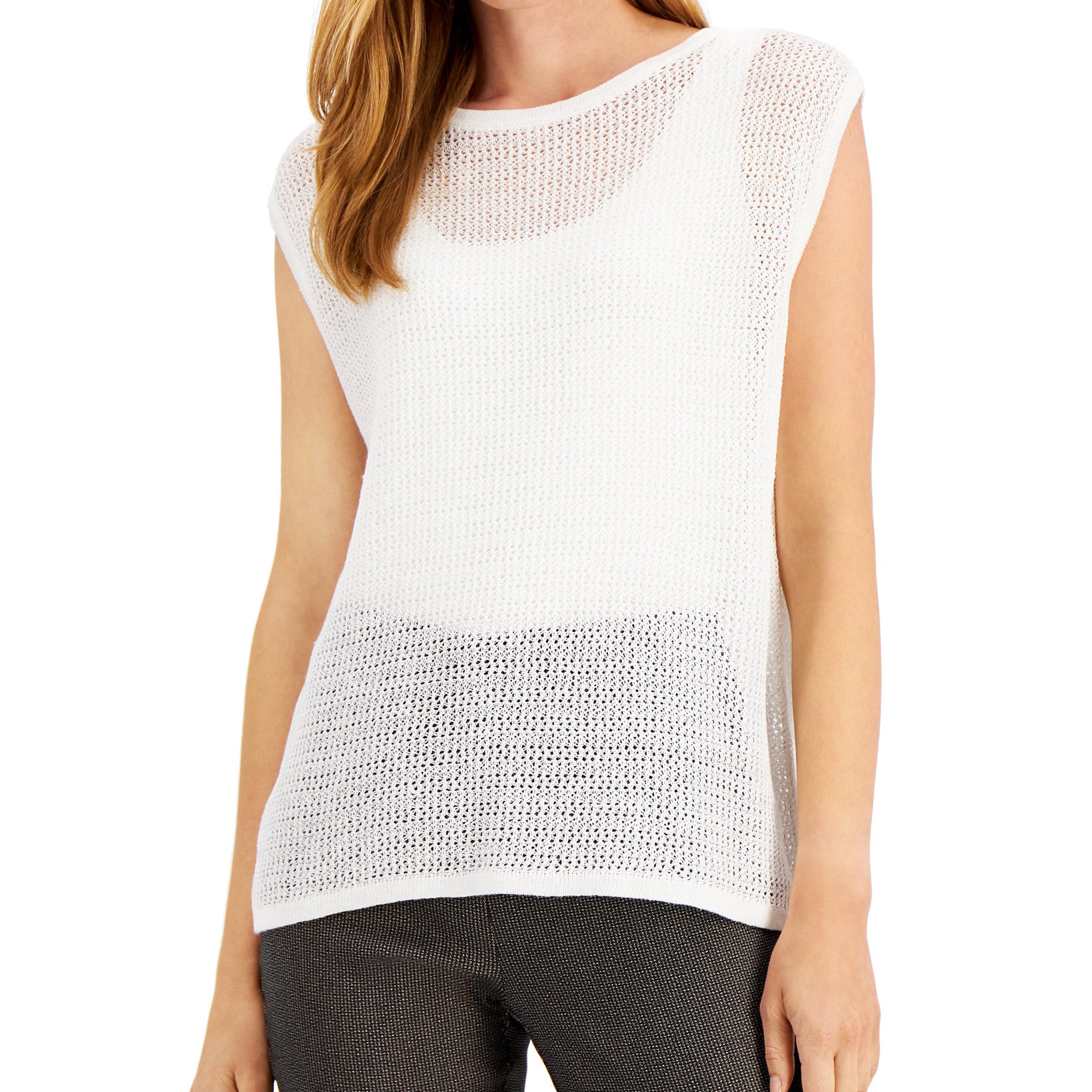 Alfani Women Open Stitch Sleeveless Sweater Shiitake