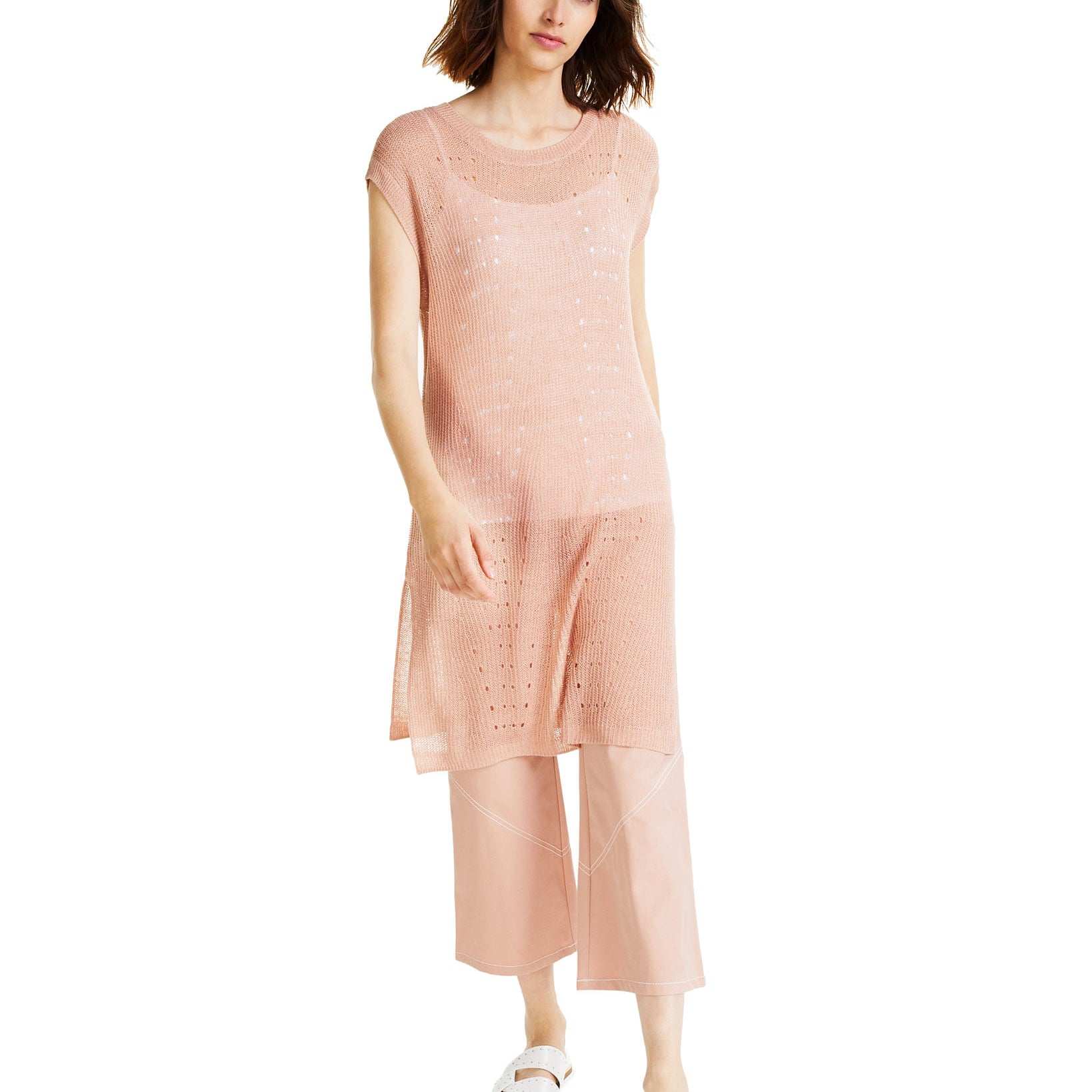 Alfani Women Open Stitch Tunic Sweater Naked Clay