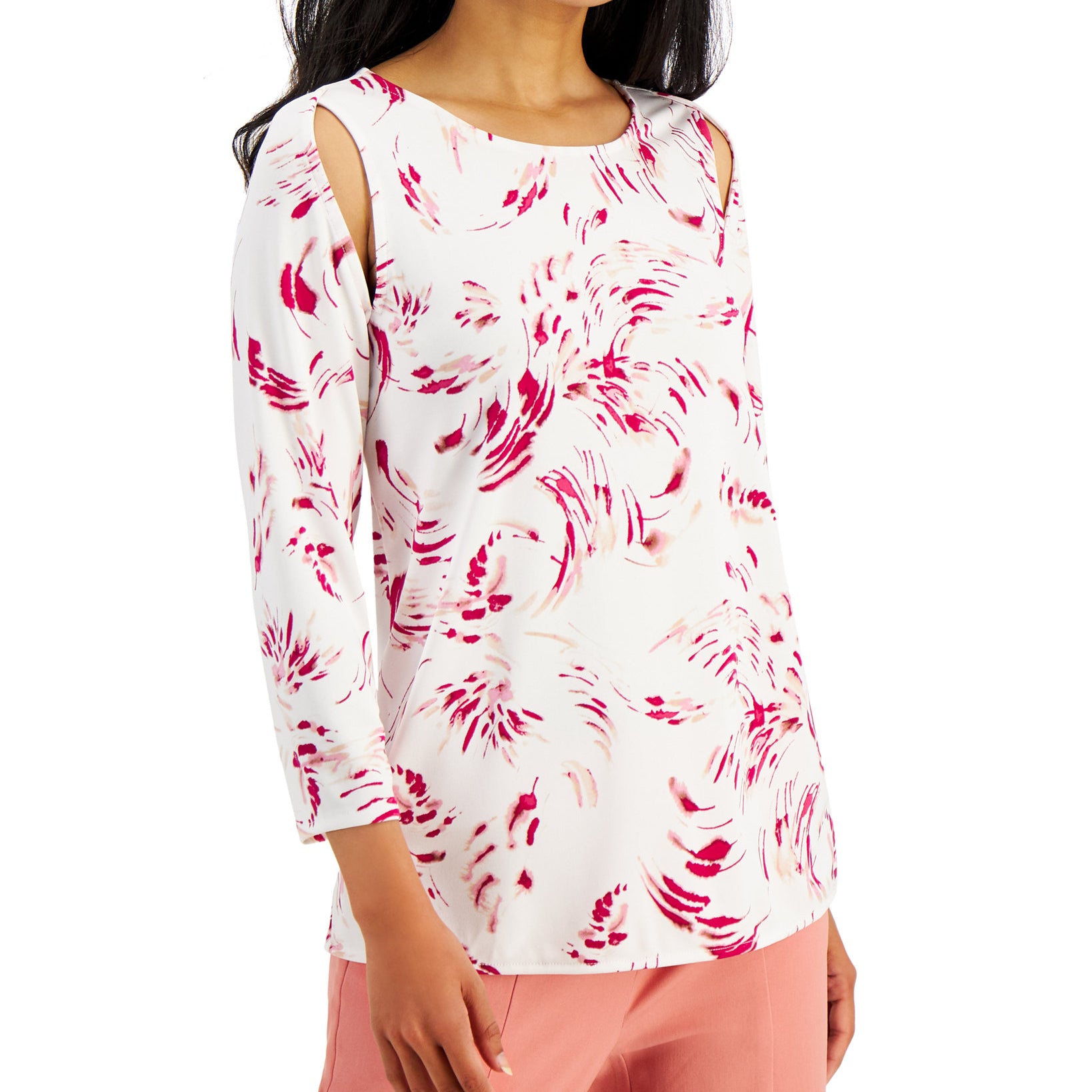 Alfani Women Abstract Print Slit Sleeve Top Fuchsia Super Swirl