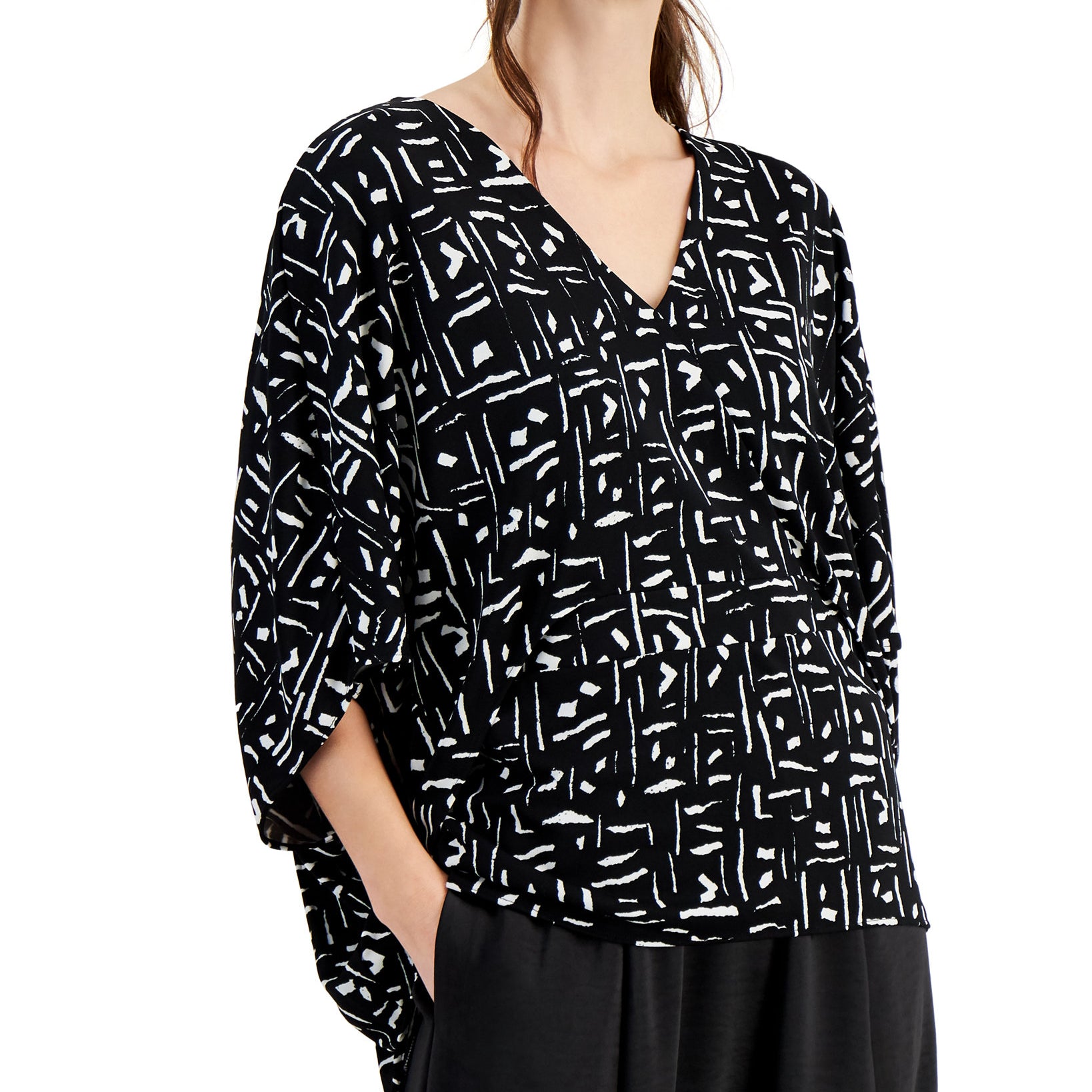 Alfani Women V Neck Geometric Print High Low Hem Top Black Exotic Geometric