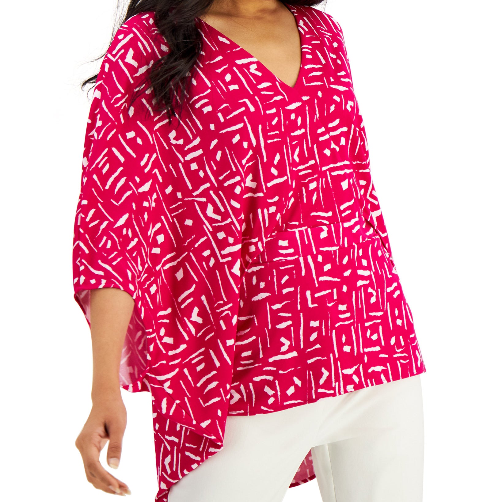 Alfani Women V Neck Geometric Print High Low Hem Top Fuchsia Exotic Geometric